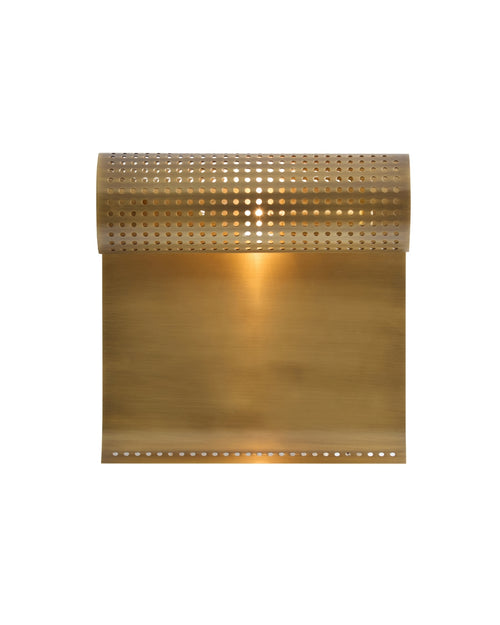 Wall-mounted light fixture with a perforated cylindrical metal shade attached to a curved rectangular brass backplate.
