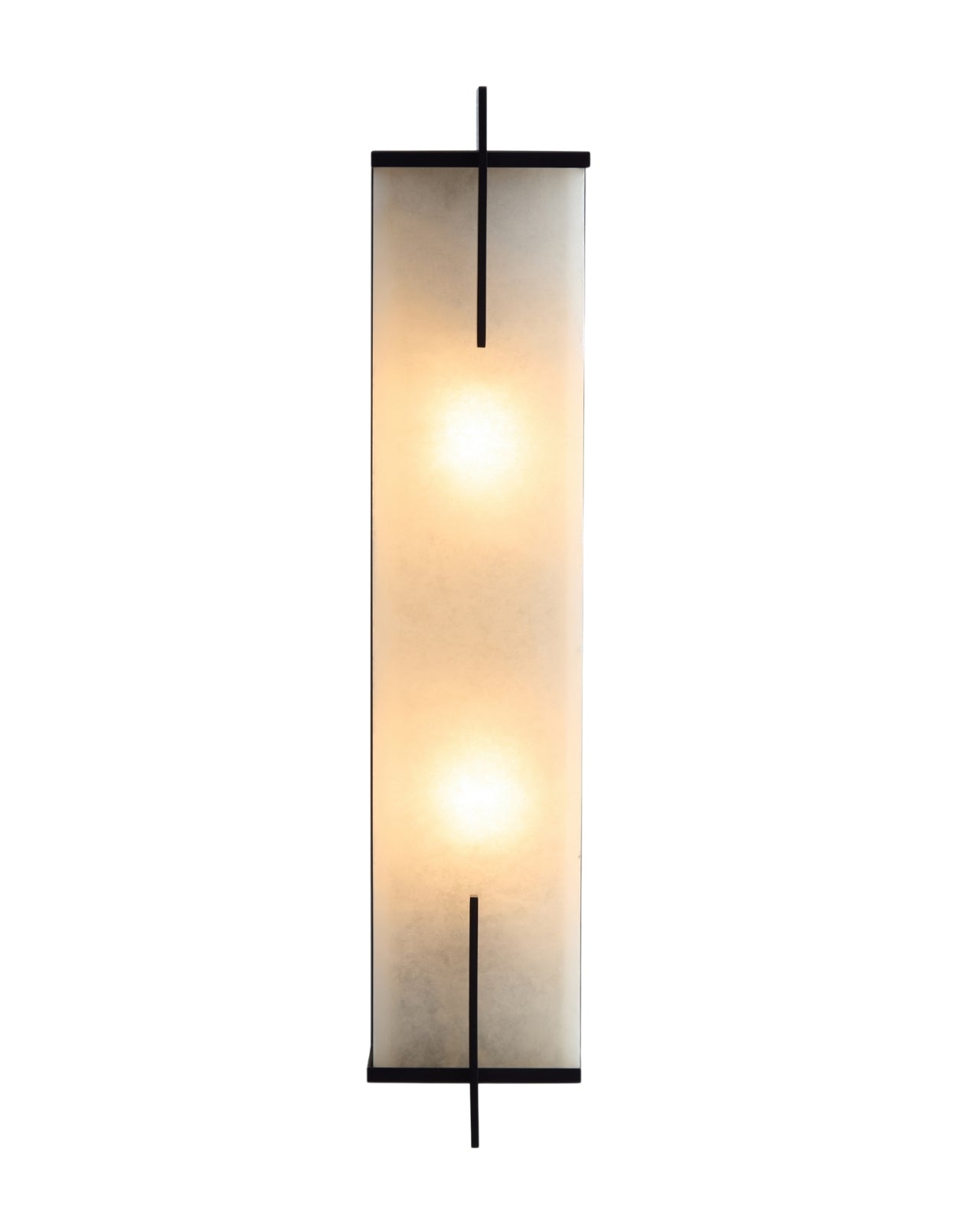 Agatha oversized wall sconce with a tall rectangular alabaster shade emitting warm diffused light, framed by slim black copper accents, shown front-facing on a white background.