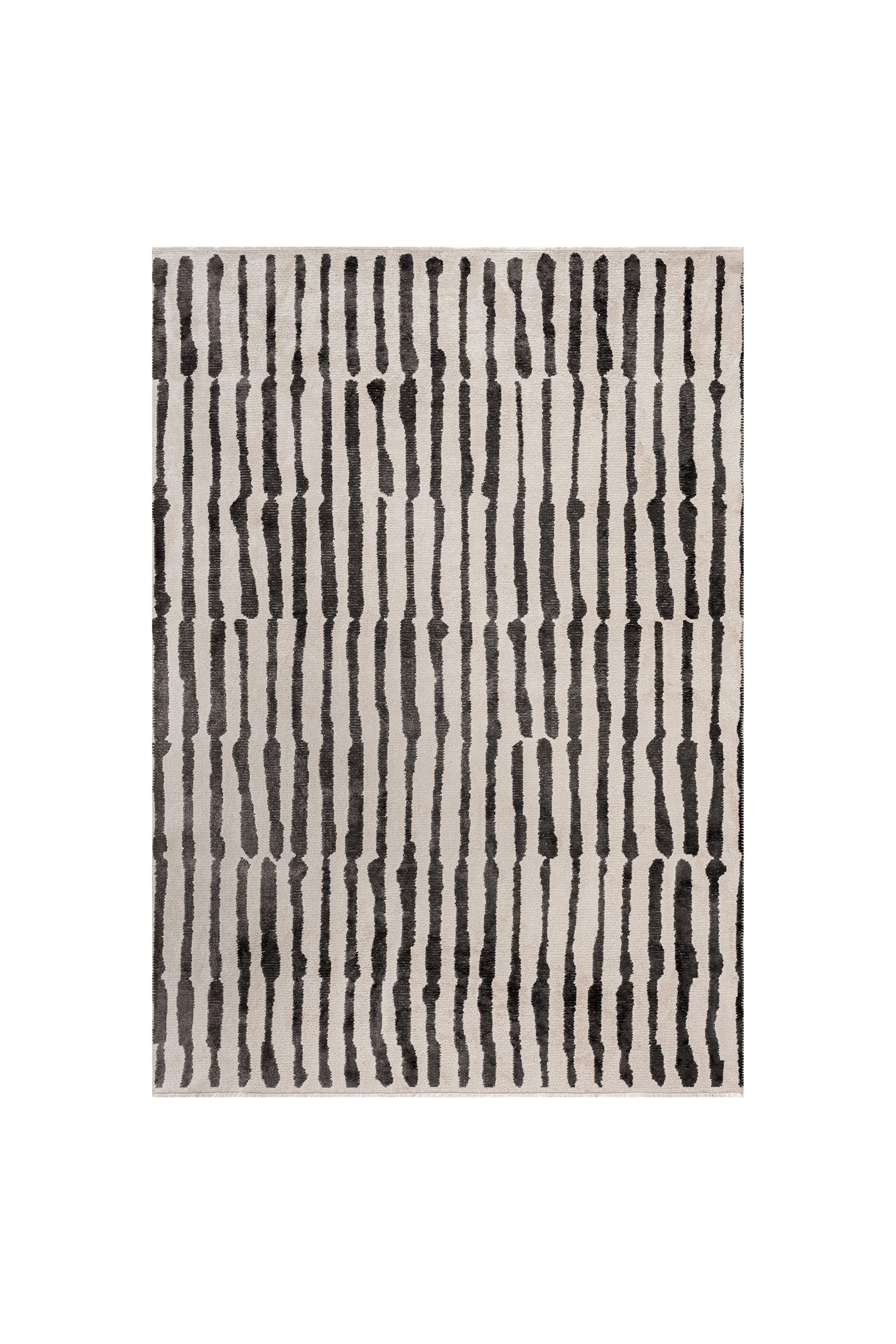Rectangular area rug with irregular black stripes on a light neutral background.