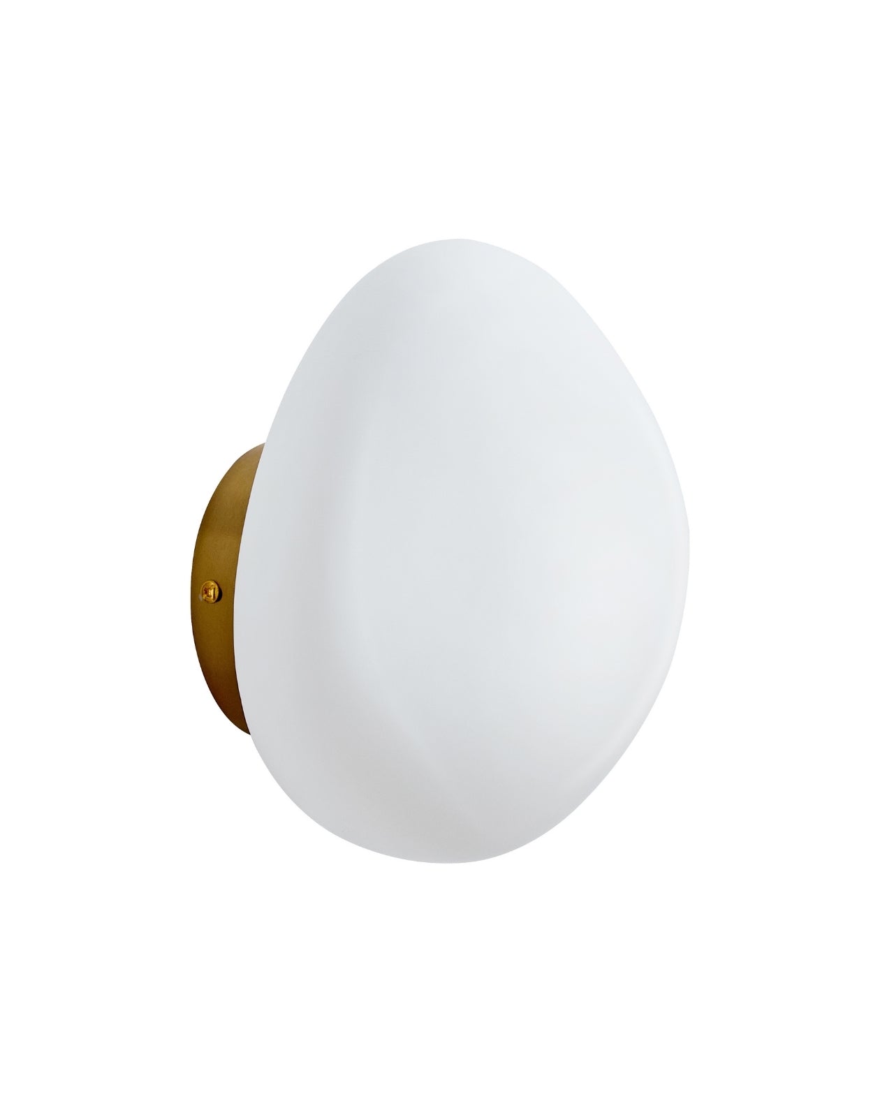 Oval wall sconce with white glass shade and brass wall mount, shown against a white background.