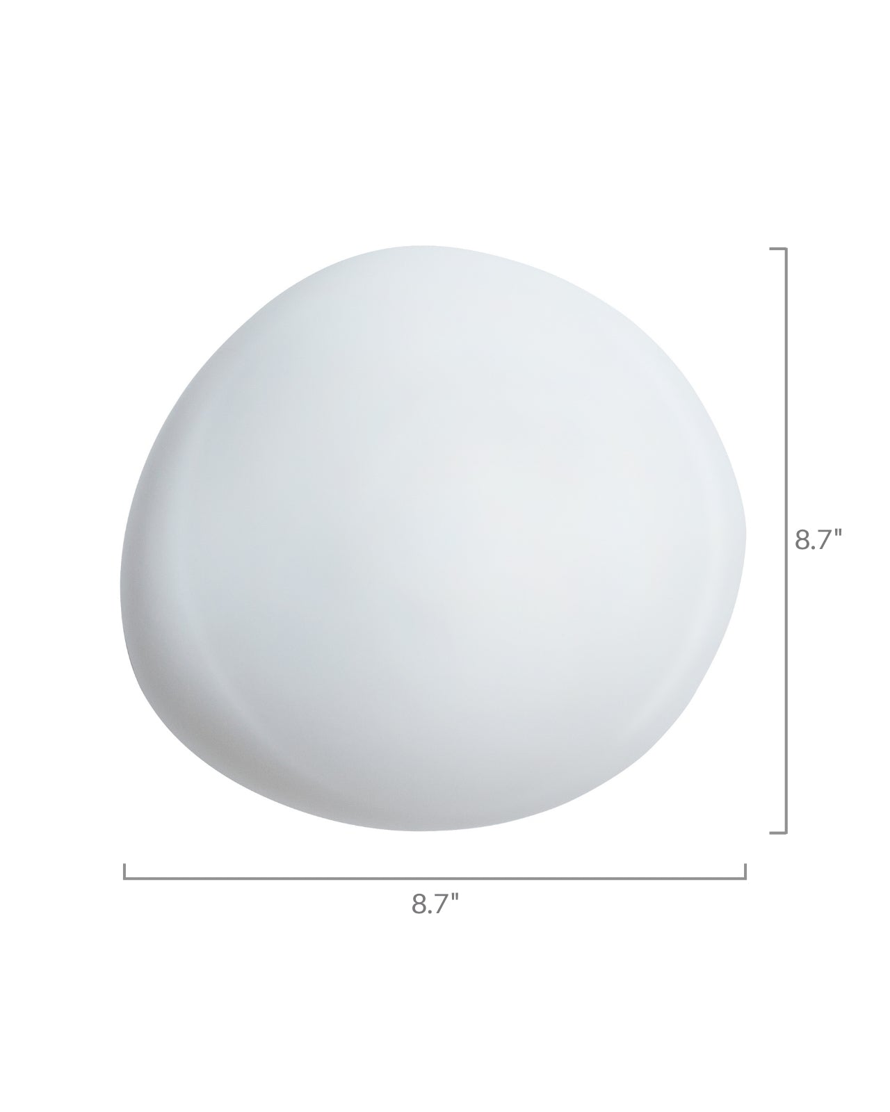 Oval opaque white glass shade shown with dimensions, measuring 8.7 inches wide and 8.7 inches high.