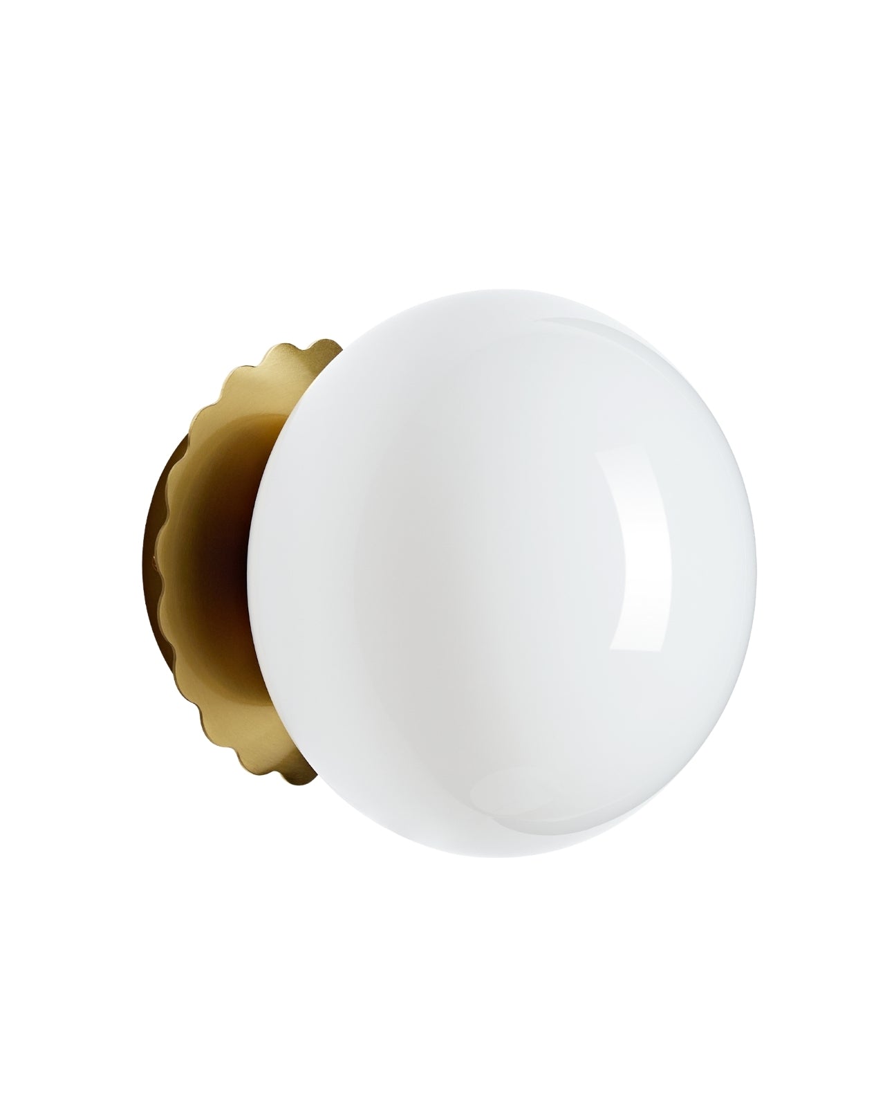 Wall-mounted light with a round opaque white glass globe and a brass backplate, shown from the front against a white background.