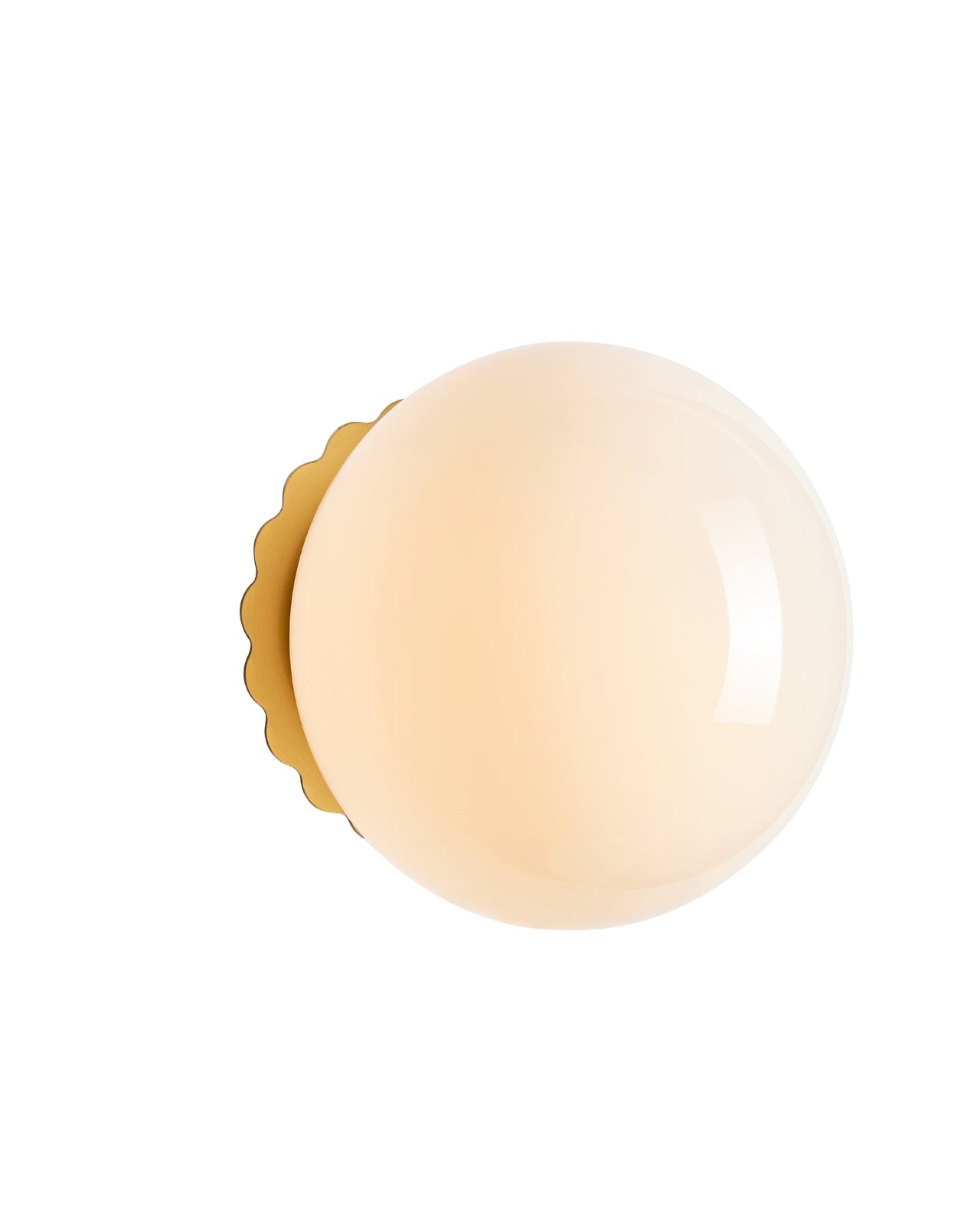 Round wall sconce with white glass shade and brass wall mount, shown against a white background.