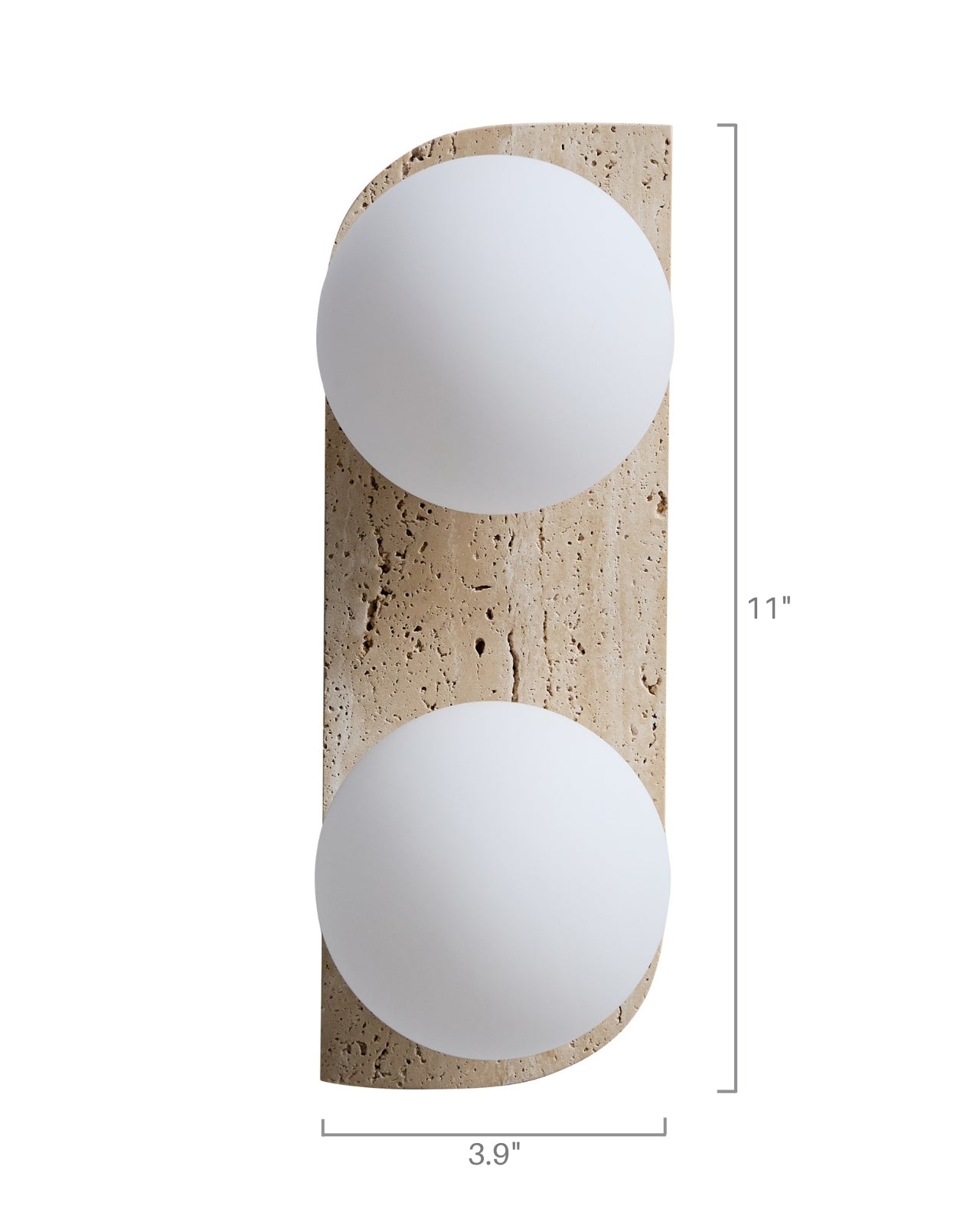 Vertical travertine wall sconce with two round opaque white glass globes, measuring 11 inches high and 3.9 inches wide.