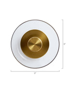 Front view of a wall-mounted brass sconce with a circular clear glass shade and a central brass disc, shown against a white background with labeled dimensions indicating a 9-inch diameter.