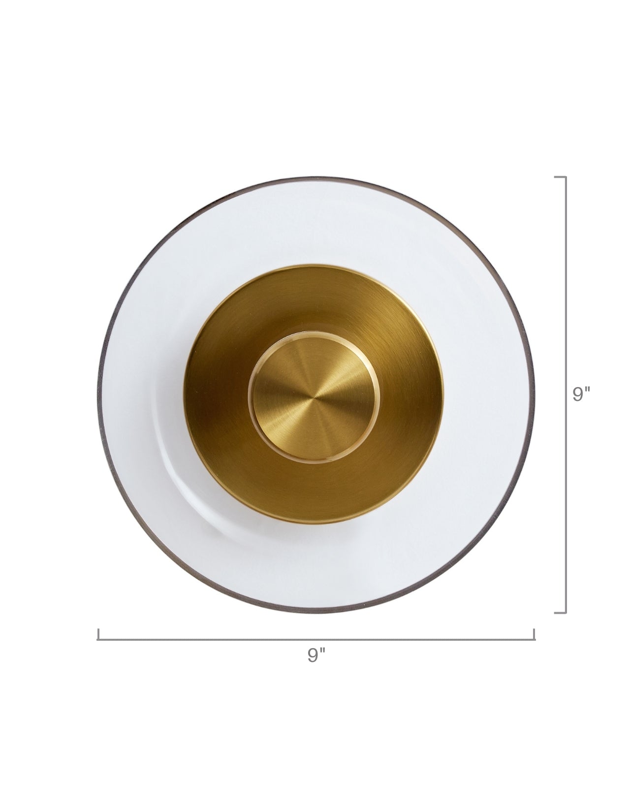 Front view of a wall-mounted brass sconce with a circular clear glass shade and a central brass disc, shown against a white background with labeled dimensions indicating a 9-inch diameter.