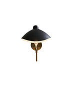 Front view of a wall-mounted sconce with a black dome-shaped shade, a brass wall plate and stem, and an exposed bulb centered beneath the shade, shown against a white background.