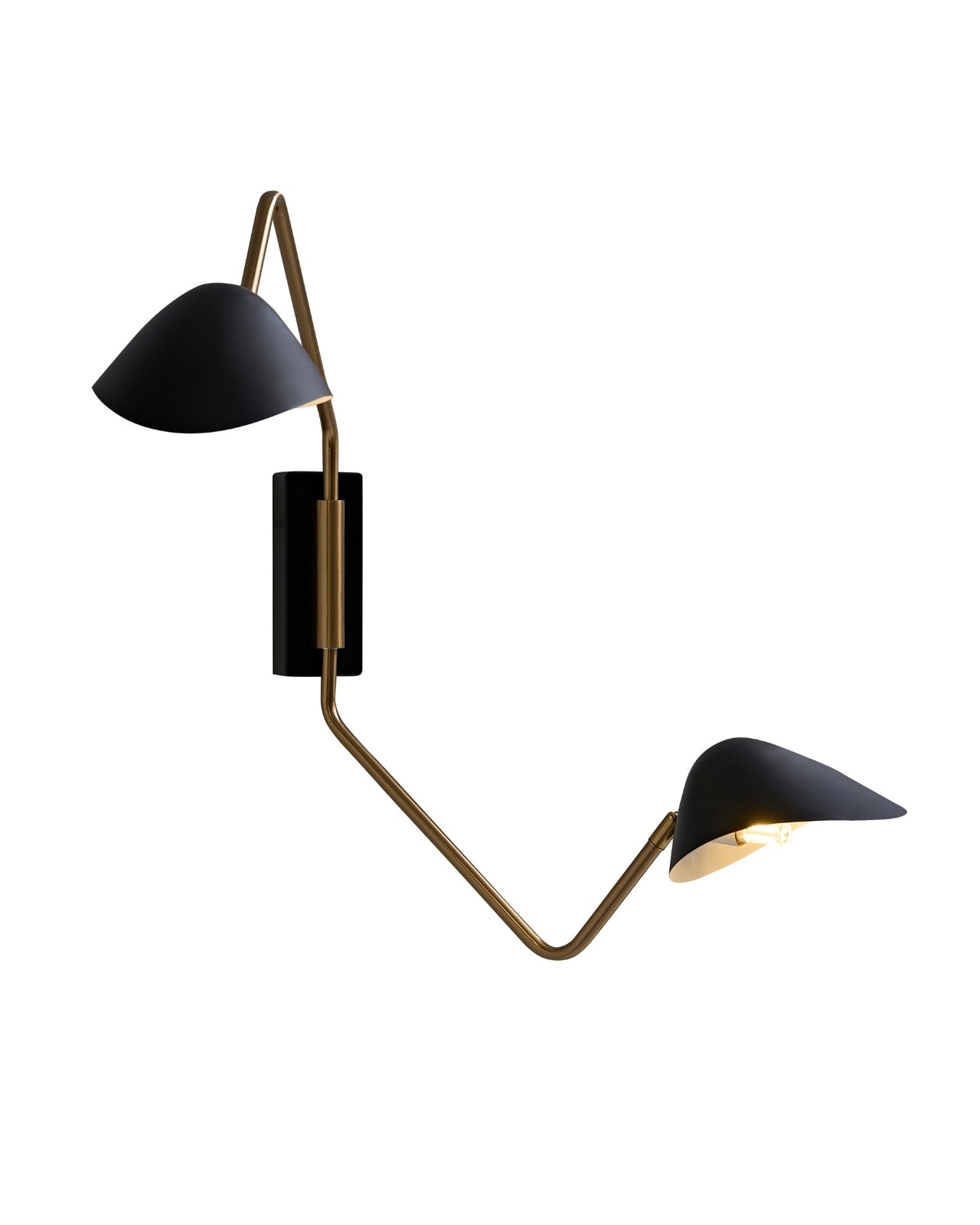 Phineas wall sconce with two matte black metal shades connected by a sculptural brass arm, shown against a white background; one shade faces left and the other faces right, both designed to direct warm light downward.
