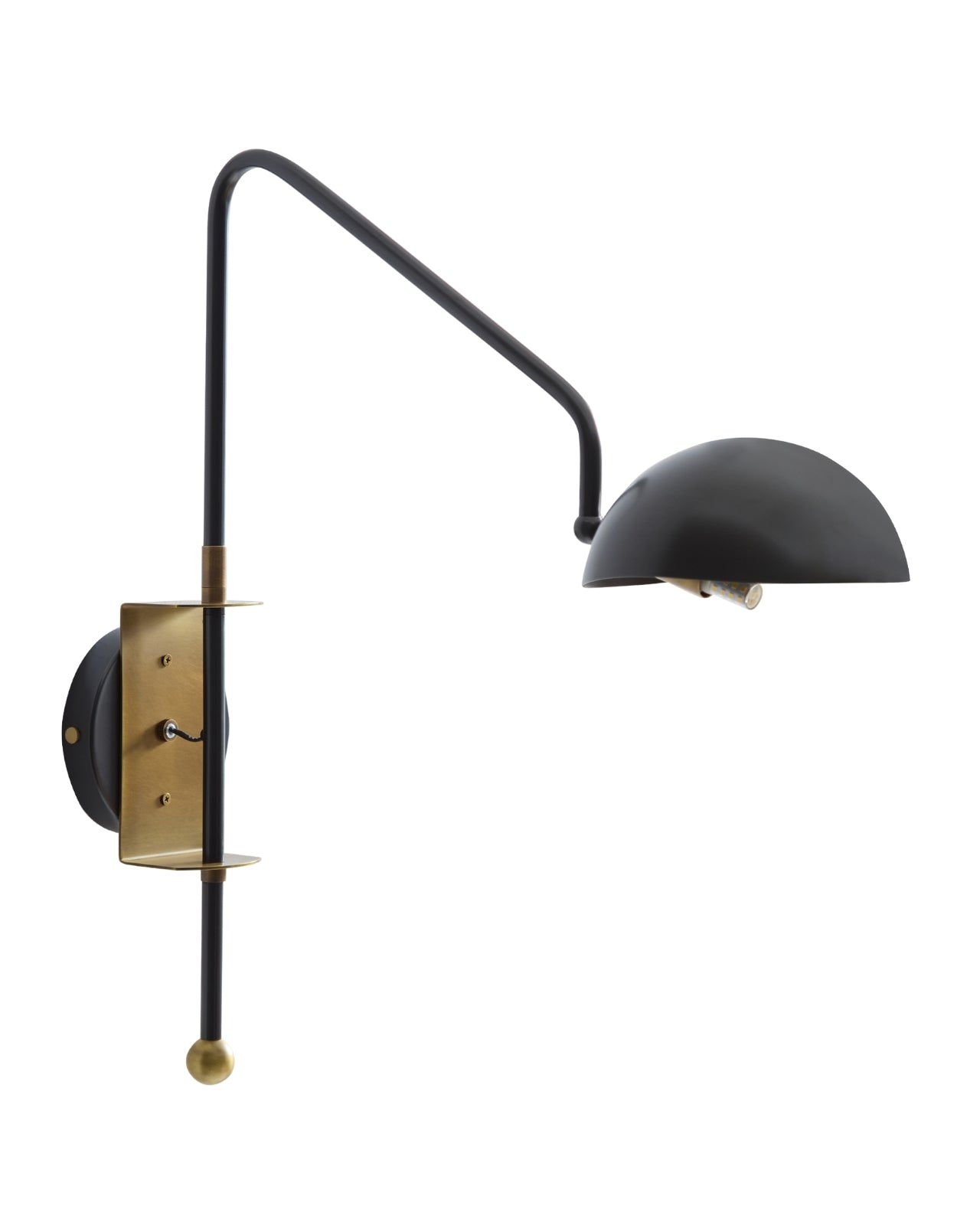 Marcello wall sconce shown on a white background, featuring a black curved arm extending from a brass wall mount to a black dome shade with exposed bulb underneath.