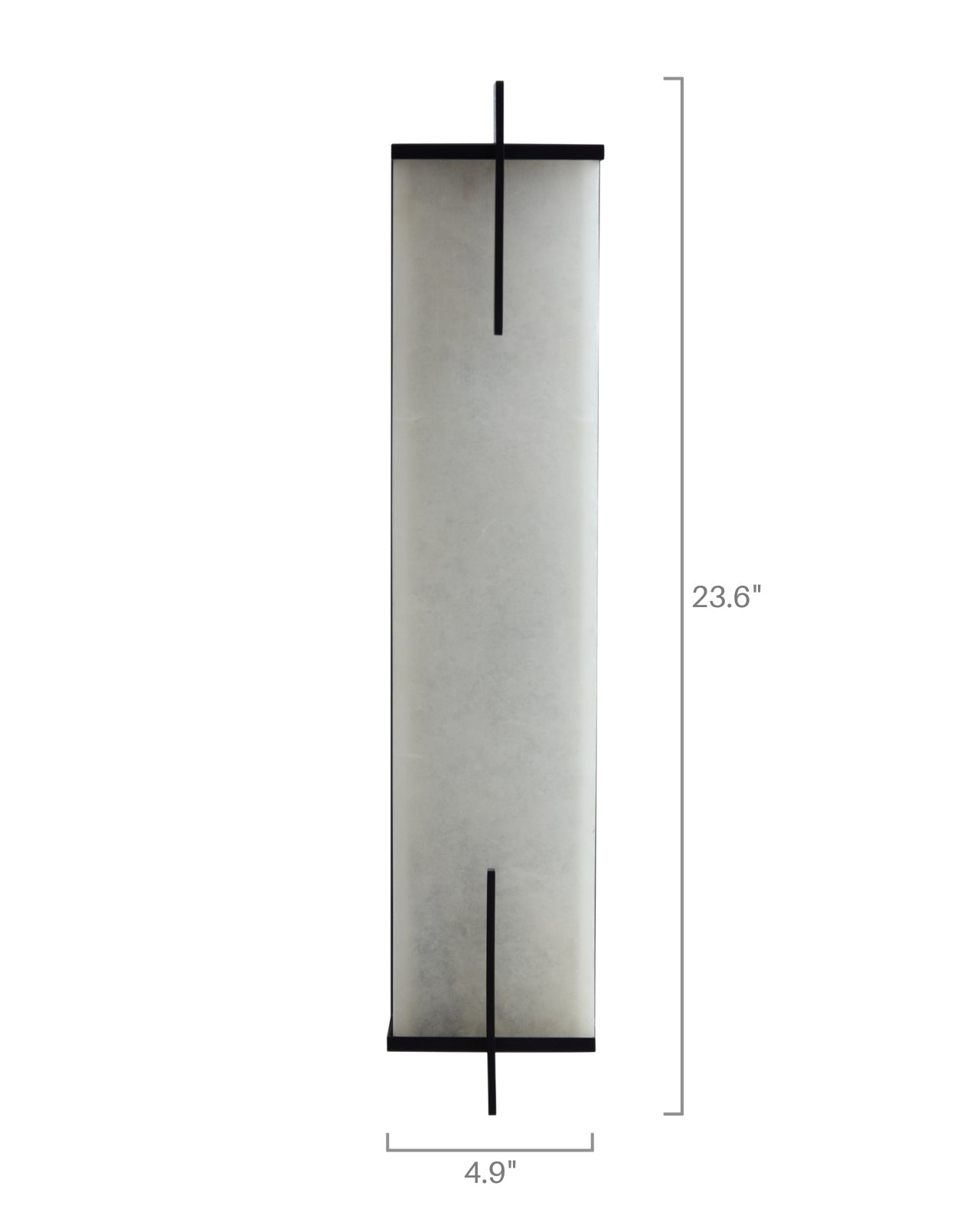 Agatha oversized wall sconce featuring a tall rectangular alabaster panel with subtle natural veining, accented by slim black copper vertical details, shown with labeled dimensions on a white background.
