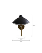 Front view of a wall-mounted sconce with a black dome-shaped shade, brass wall plate and stem, and an exposed bulb beneath the shade; measurement labels show 14.1 inches height, 9.8 inches width, and 5.5 inches depth, on a white background.