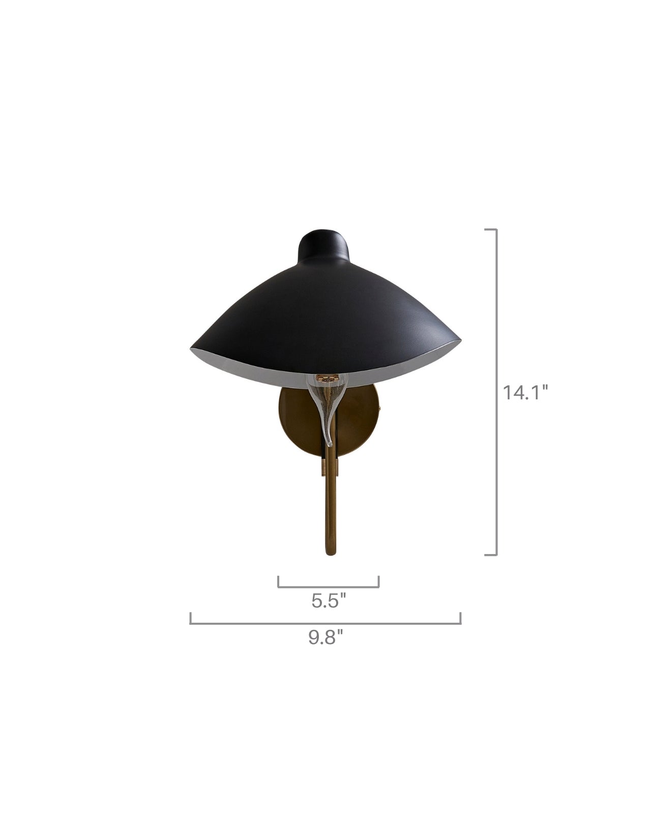 Front view of a wall-mounted sconce with a black dome-shaped shade, brass wall plate and stem, and an exposed bulb beneath the shade; measurement labels show 14.1 inches height, 9.8 inches width, and 5.5 inches depth, on a white background.