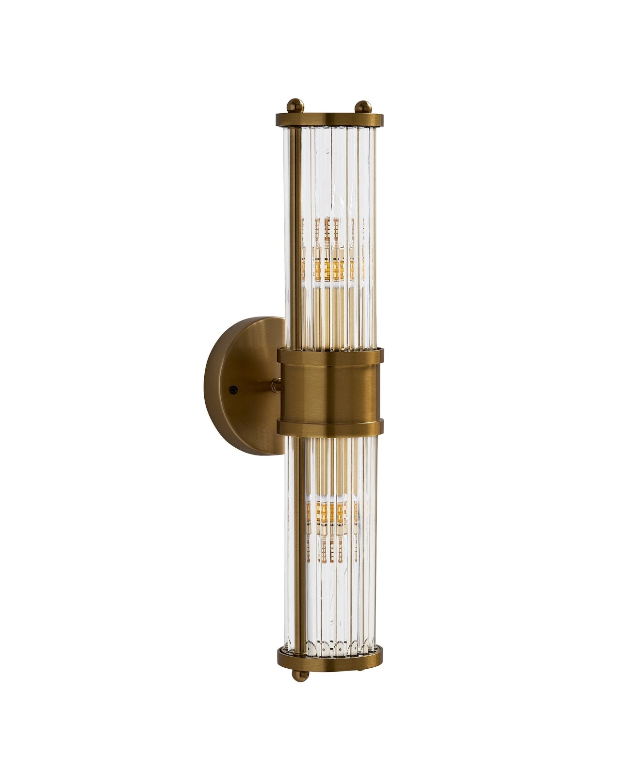 Brimsley II Wall Sconce with a vertical brass frame and ripple-textured clear glass, shown unlit on a white background, highlighting its sleek, elongated silhouette and refined detailing.