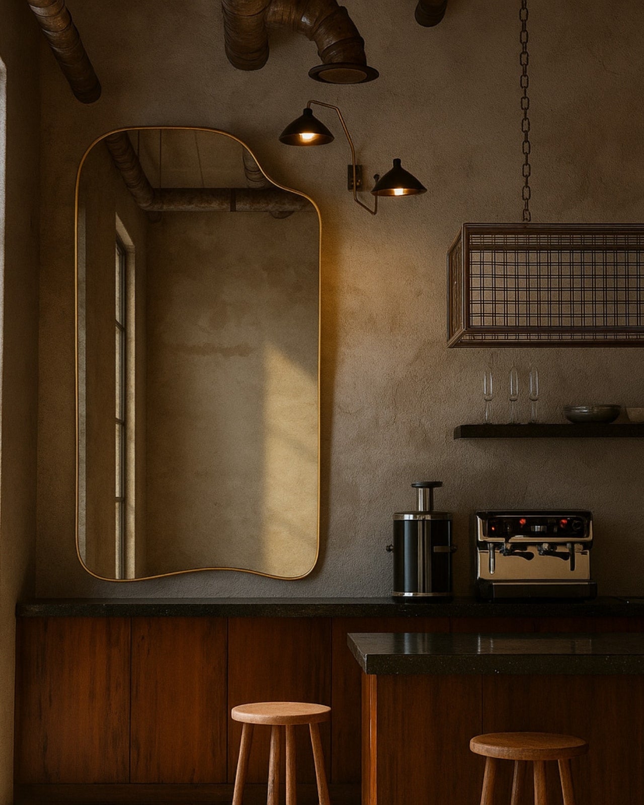 Gold-framed wall mirror above a wooden counter in an industrial-style kitchen, featuring exposed ductwork, wall-mounted lights, bar stools, and a coffee machine.