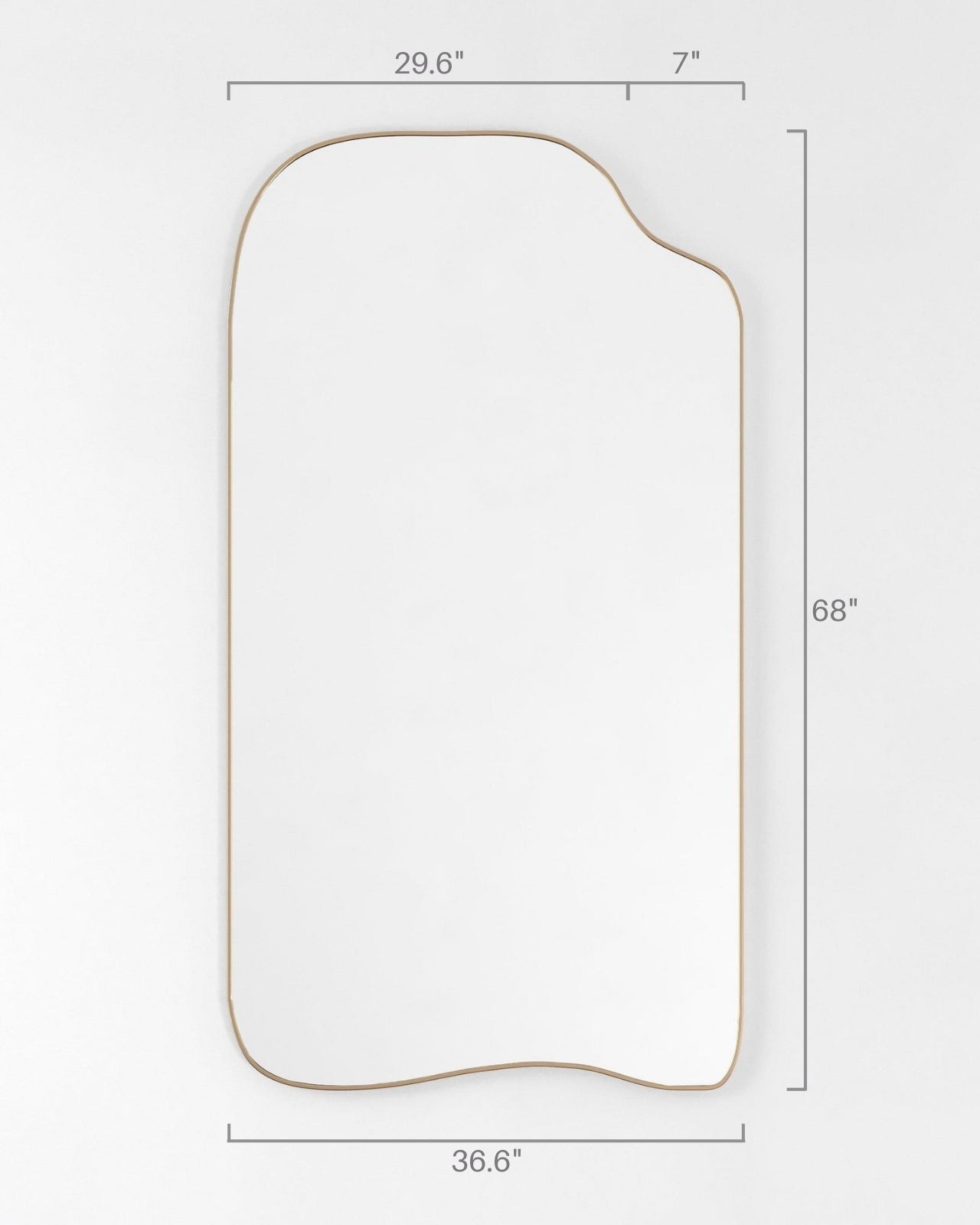 Asymmetrical full-length mirror with an organic shape and thin brass-colored frame, shown with labeled dimensions including overall height and width on a white background.