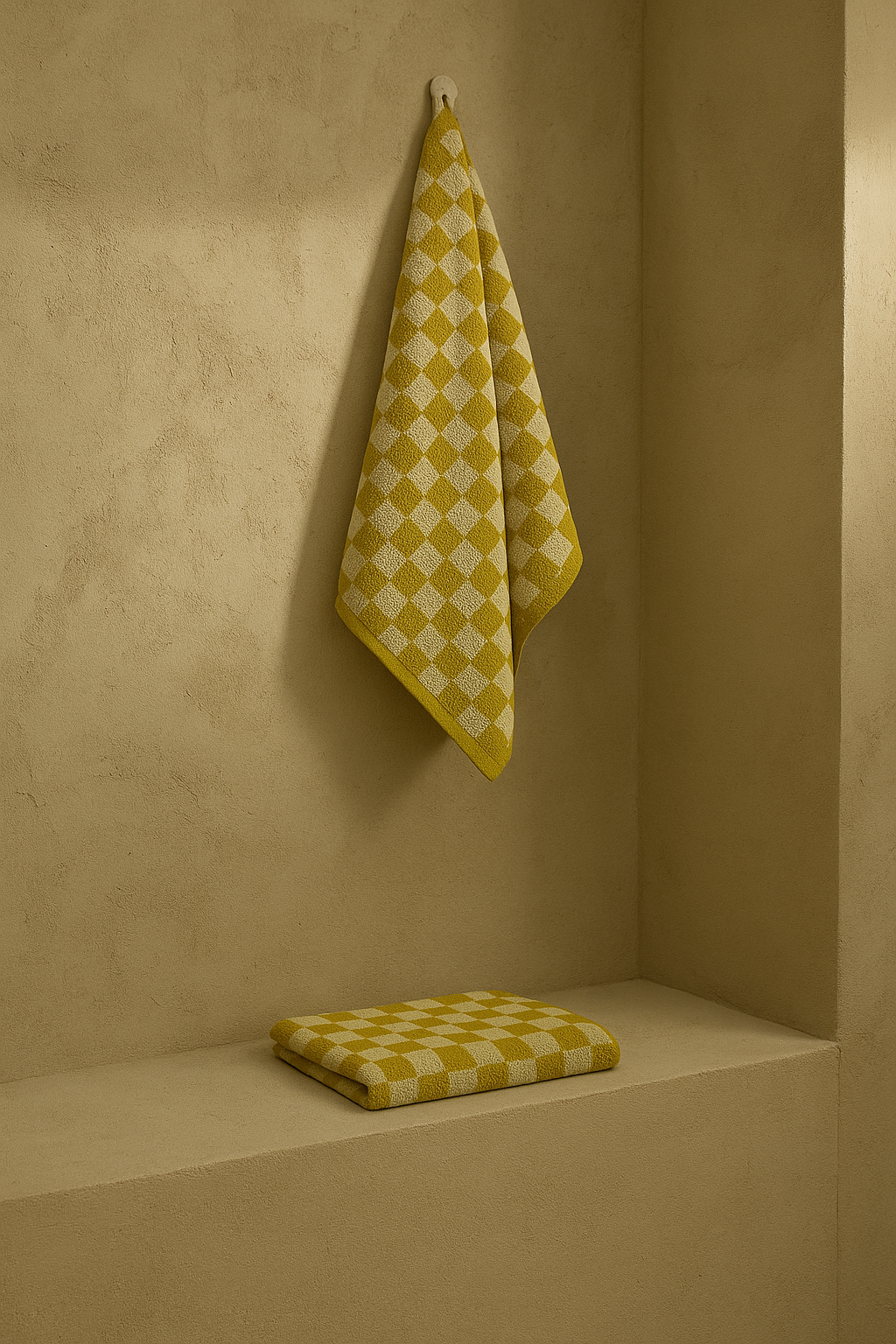 Yellow mustard and white checkered towel hanging on a wall hook, with a folded matching towel placed on a shelf below, highlighting the geometric pattern and terry texture.