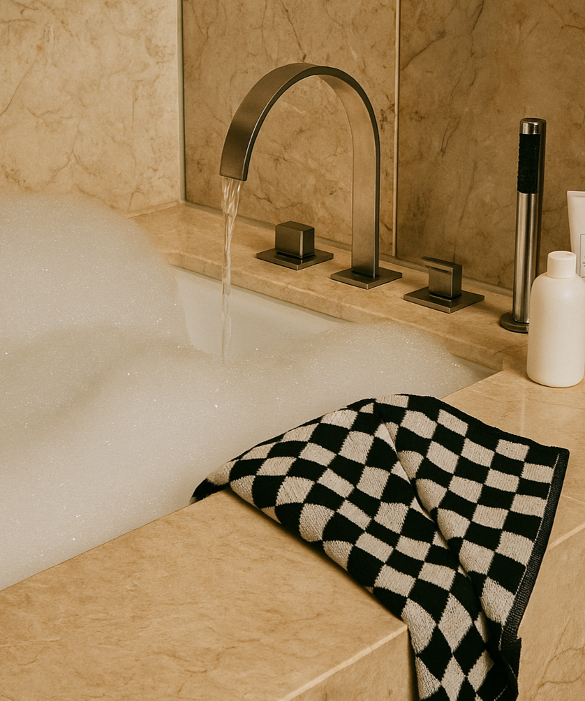 Black and white checkered towel draped over the edge of a bathtub filled with foam, next to a modern metal faucet and beige stone bathroom surfaces.