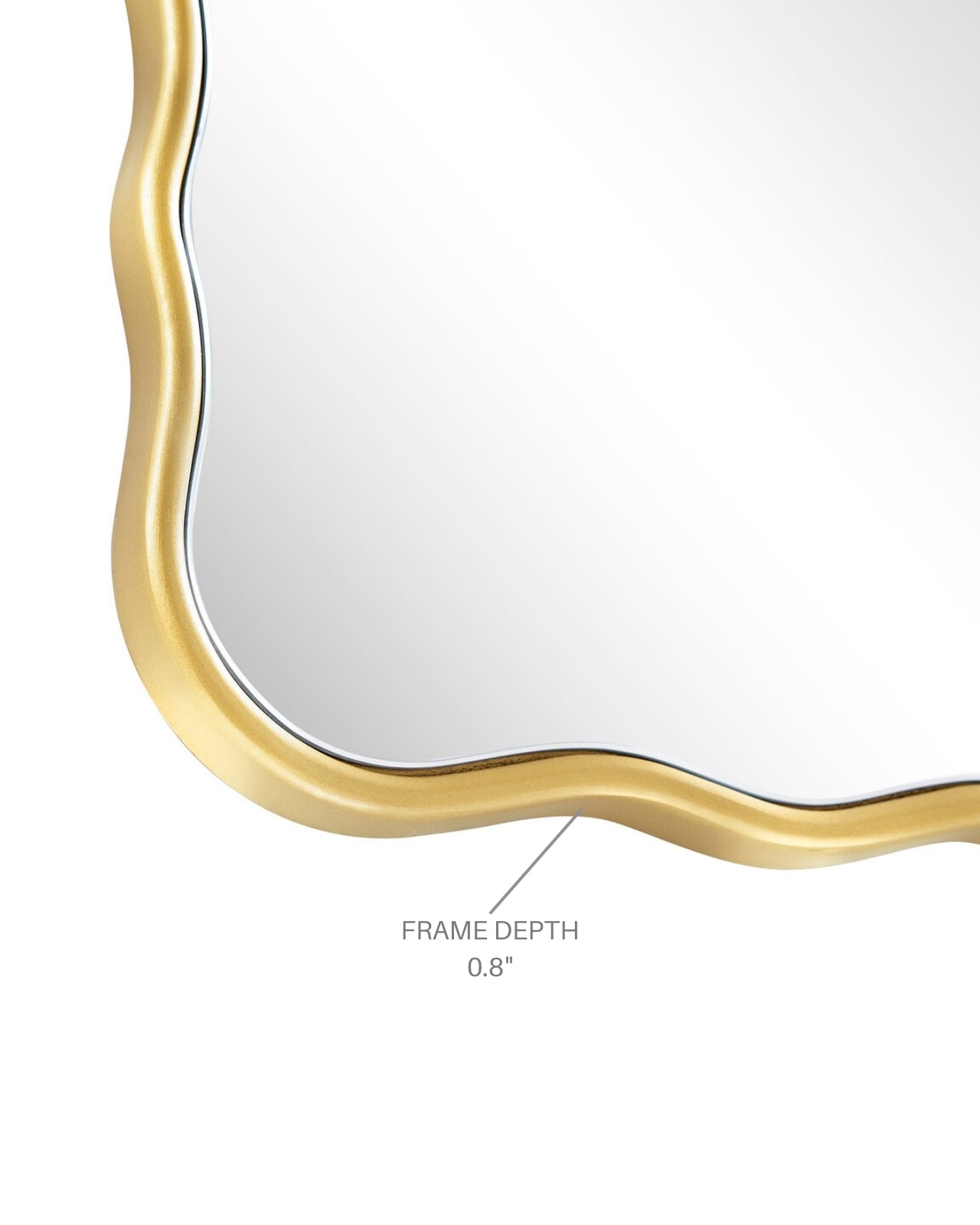 Close-up of a mirror with a gold frame and softly wavy edges, showing a frame depth of 0.8 inches.