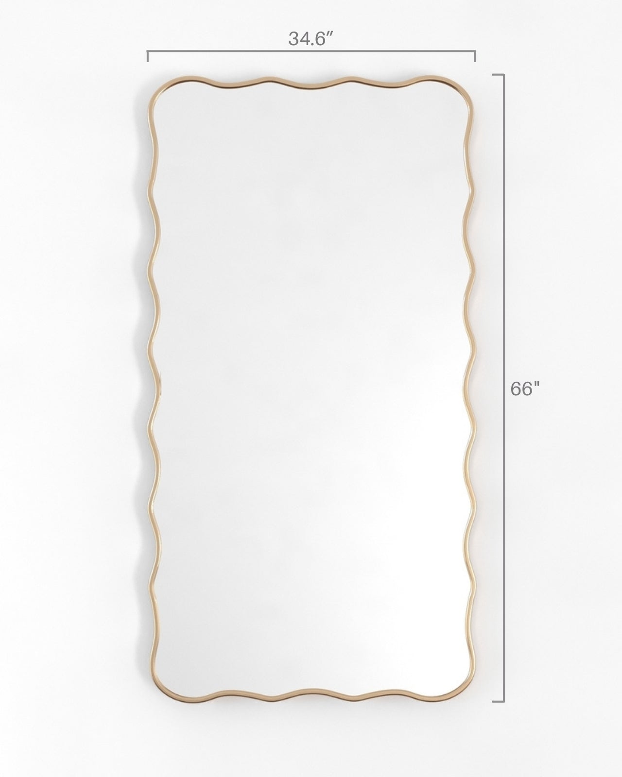 Full-length rectangular wall mirror with a gold frame and softly wavy edges, measuring 34.6 inches wide by 66 inches high, shown in a vertical orientation.