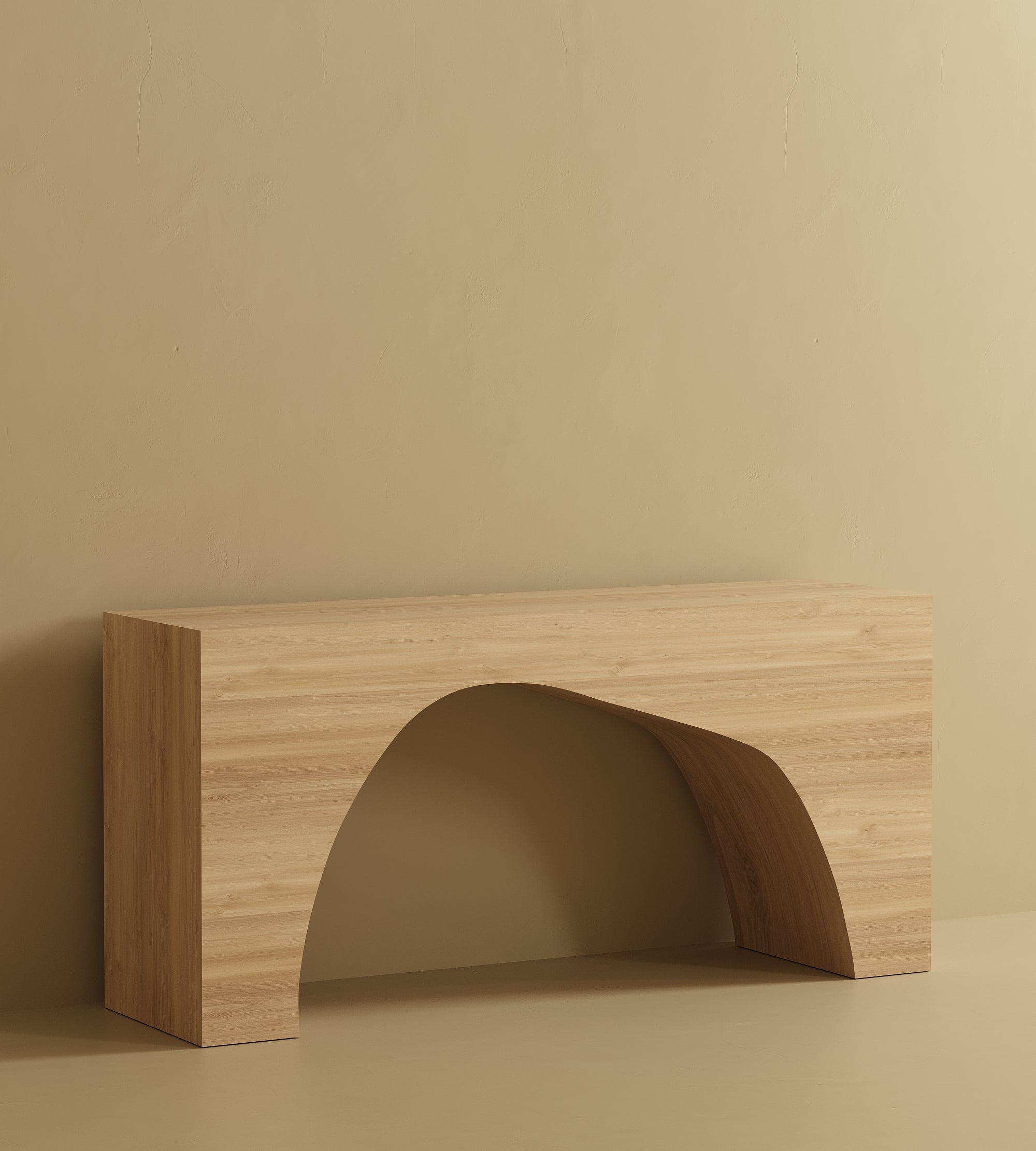 A rectangular console table with a flat top and a large arched opening at the base, made of wood veneer and placed against a plain wall and floor.