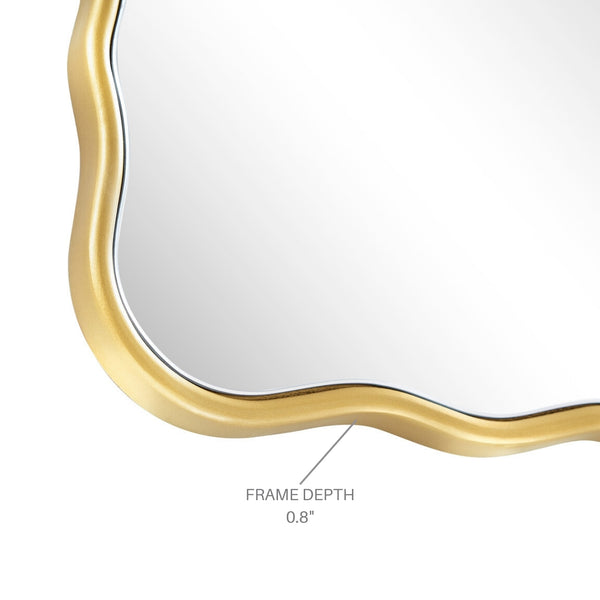 Close-up of a gold-framed mirror showing wavy edges and a frame depth of 0.8 inches.
