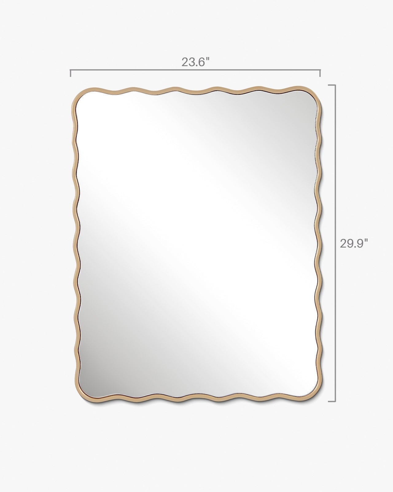 Rectangular wall mirror with a gold frame and softly wavy edges, measuring 23.6 inches wide by 29.9 inches high.