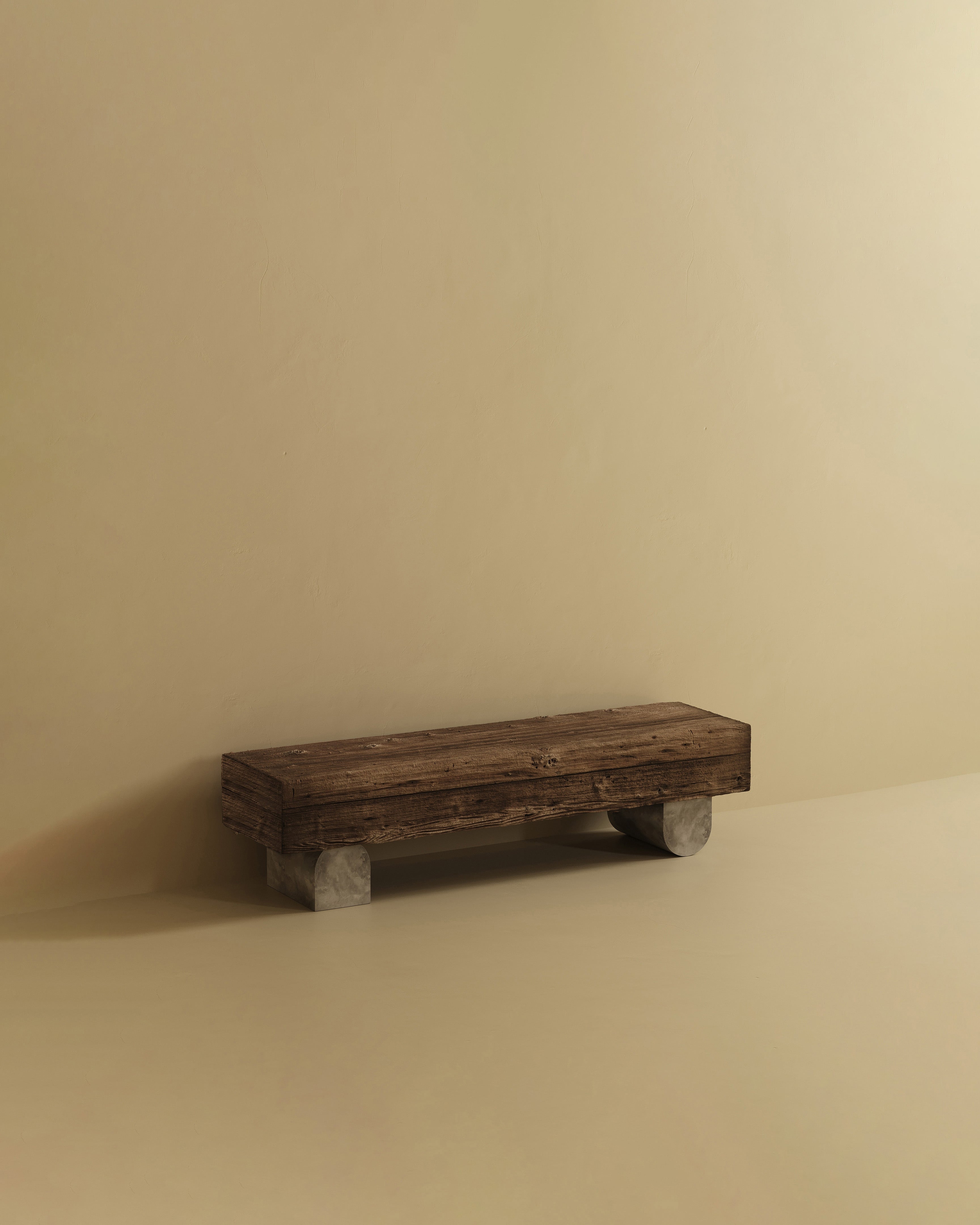 Rectangular bench made from solid wood with a natural textured finish, supported by two rounded fiber legs.