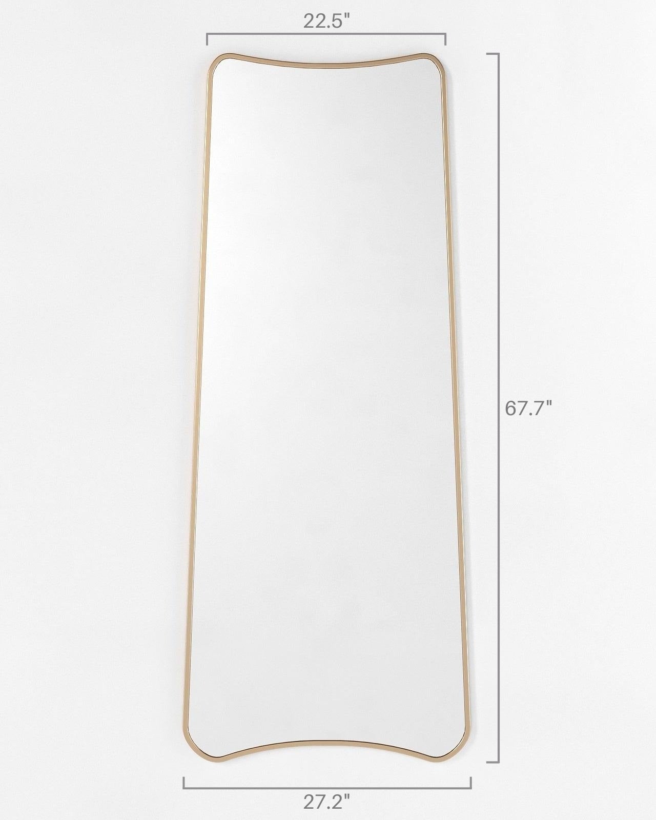 Full-length mirror with softly curved edges shown with labeled dimensions: 67.7 inches tall, 22.5 inches wide at the top, and 27.2 inches wide at the bottom.