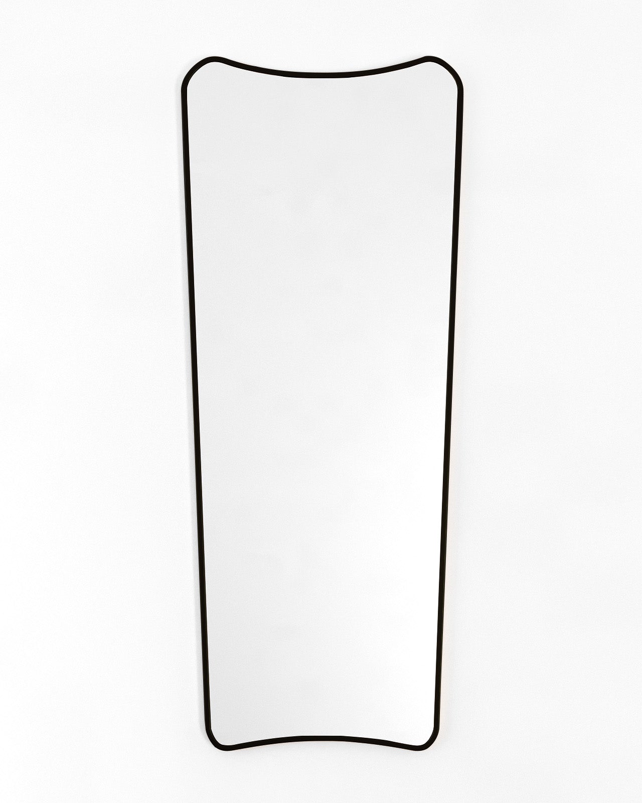 Black framed full-length mirror with a softly curved, asymmetrical silhouette, shown front-facing against a white background.