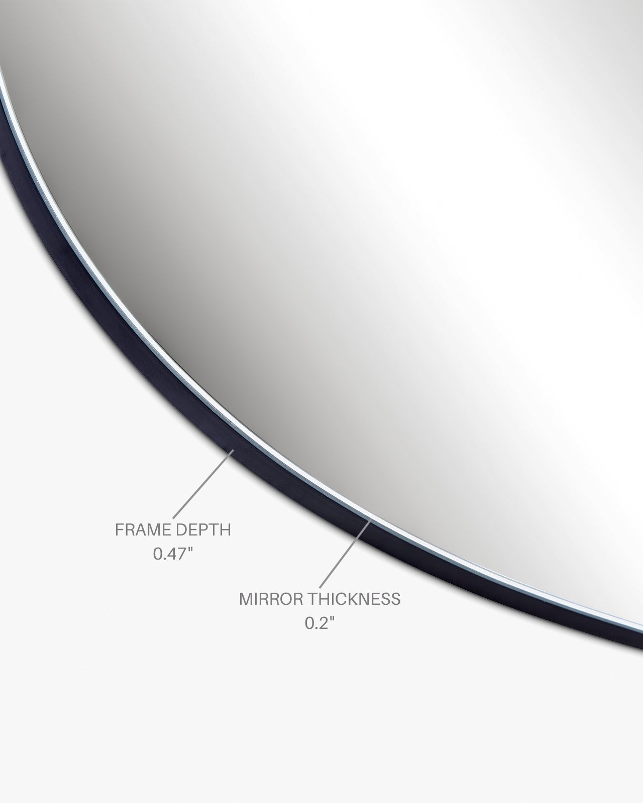 Close-up view of a mirror showing construction details, including a frame depth of 0.47 inches and mirror glass thickness of 0.2 inches.