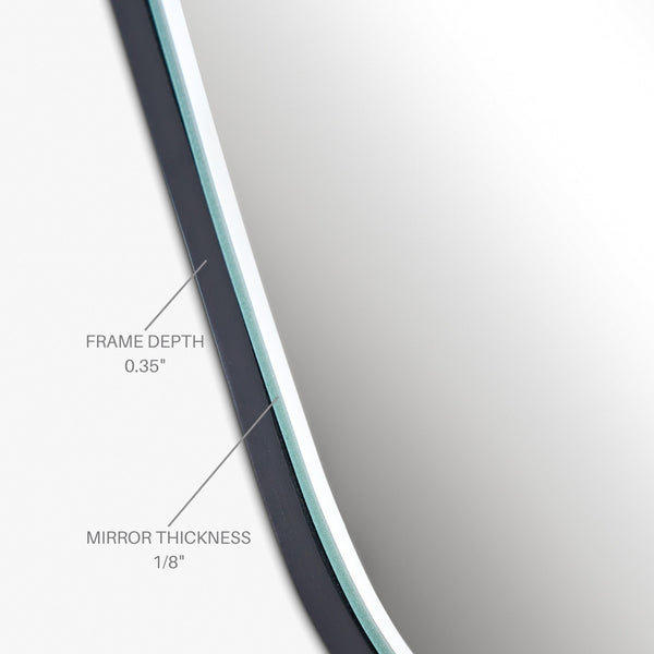 Side view detail of a mirror showing labeled measurements for frame depth of 0.35 inches and mirror thickness of 1/8 inch.