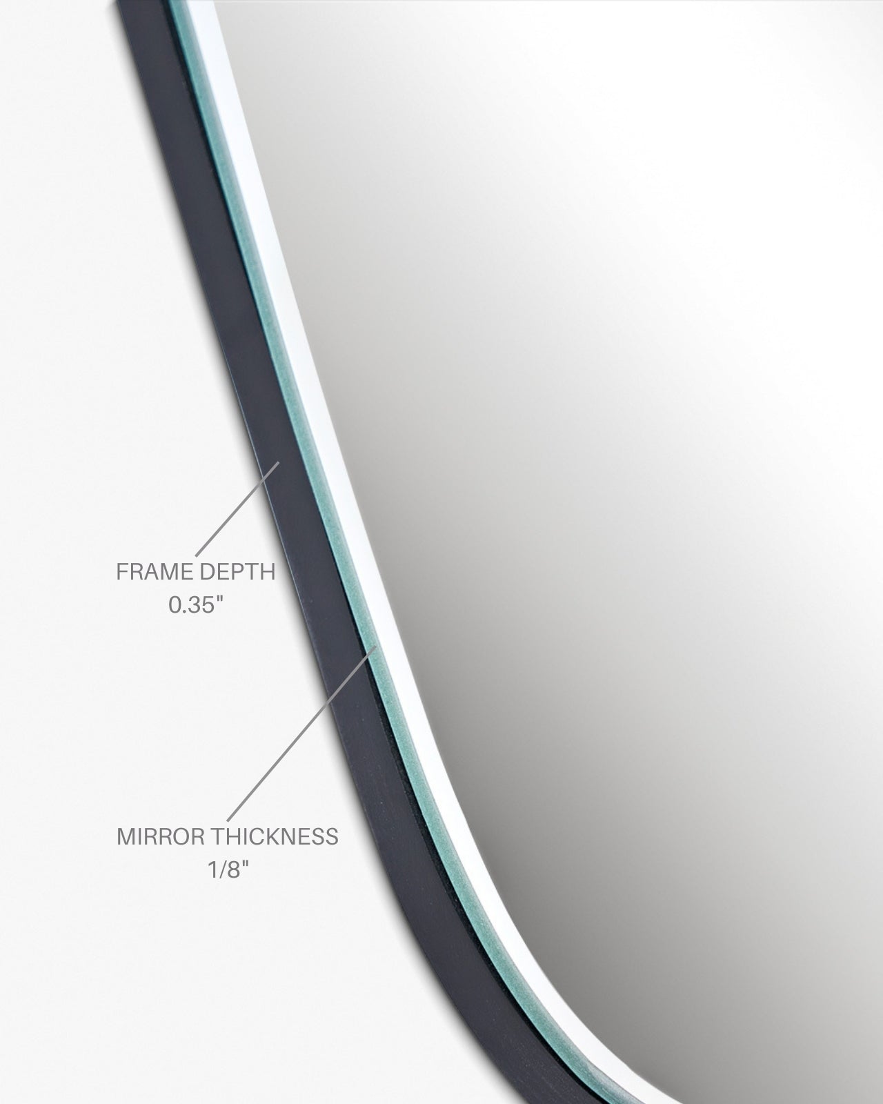 Side view detail of a mirror showing labeled measurements for frame depth of 0.35 inches and mirror thickness of 1/8 inch.
