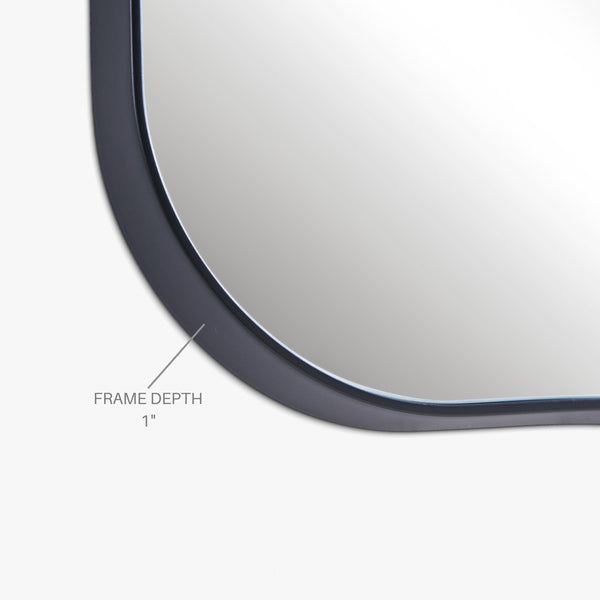 Asymmetrical wall mirror close-up showing a thin black frame with a labeled 1-inch frame depth on a white background.