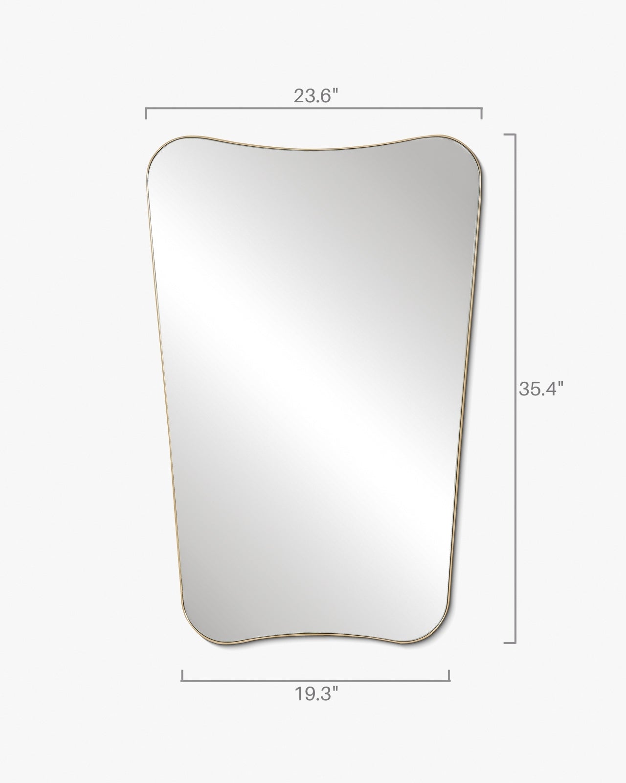 Butterfly-shaped wall mirror with labeled dimensions: 23.6 inches wide at the top, 19.3 inches wide at the bottom, and 35.4 inches tall.