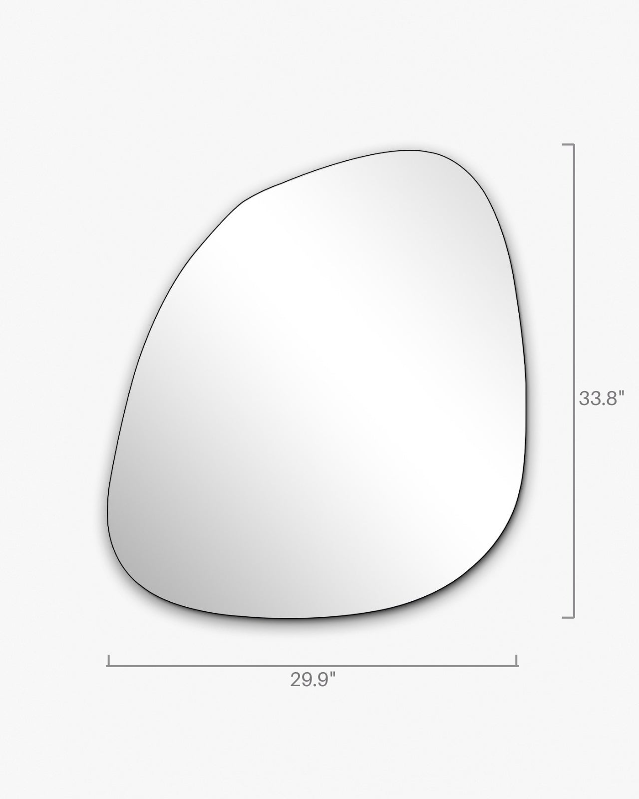 Frameless blob-shaped wall mirror with overall dimensions of 33.8 inches height and 29.9 inches width.