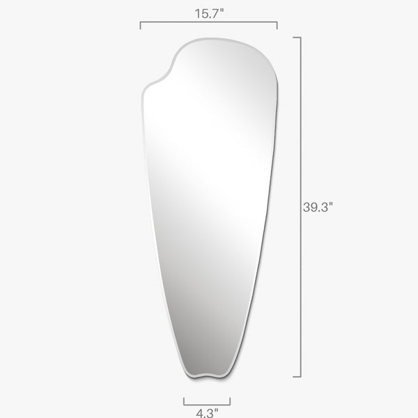 Frameless elongated mirror with an organic silhouette shown with labeled dimensions, including overall height and varying widths.