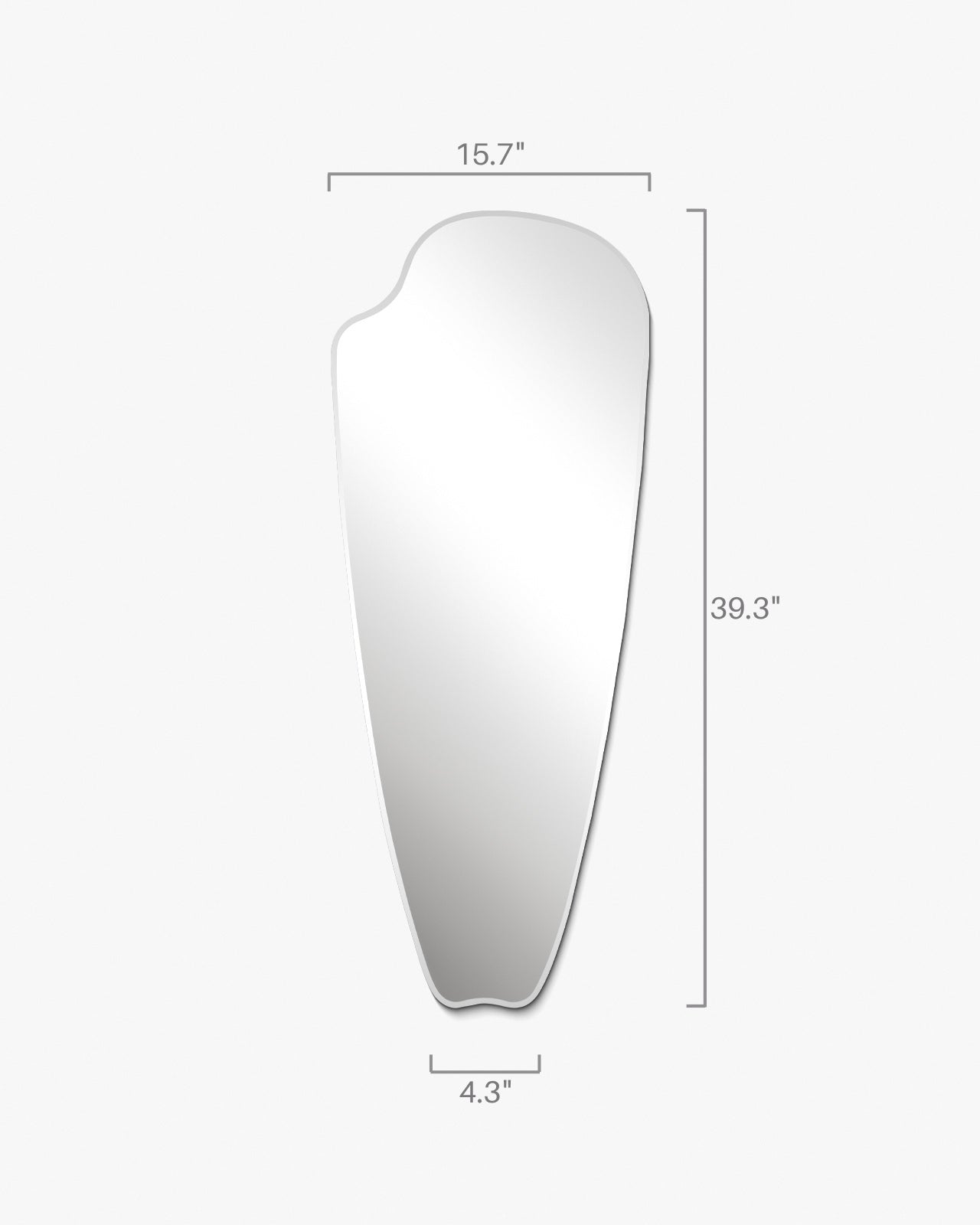 Frameless elongated mirror with an organic silhouette shown with labeled dimensions, including overall height and varying widths.