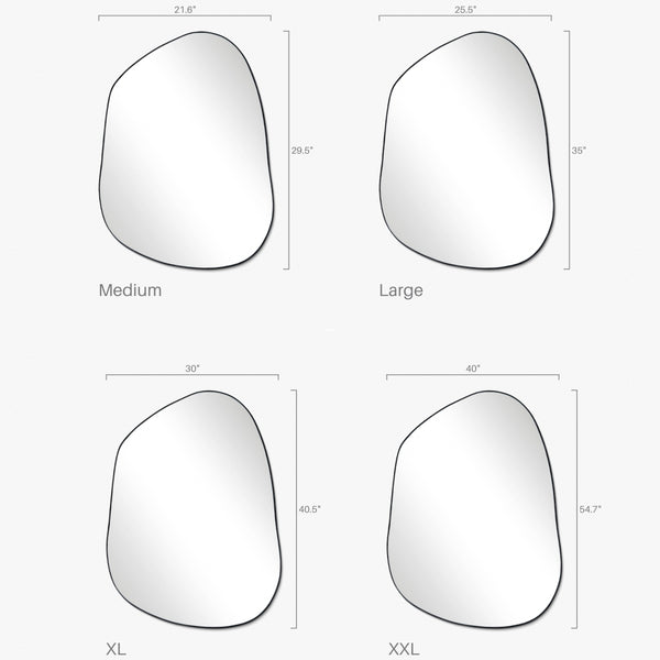 Asymmetrical wall mirror shown in four sizes: Medium, Large, XL, and XXL with labeled width and height dimensions on a white background.