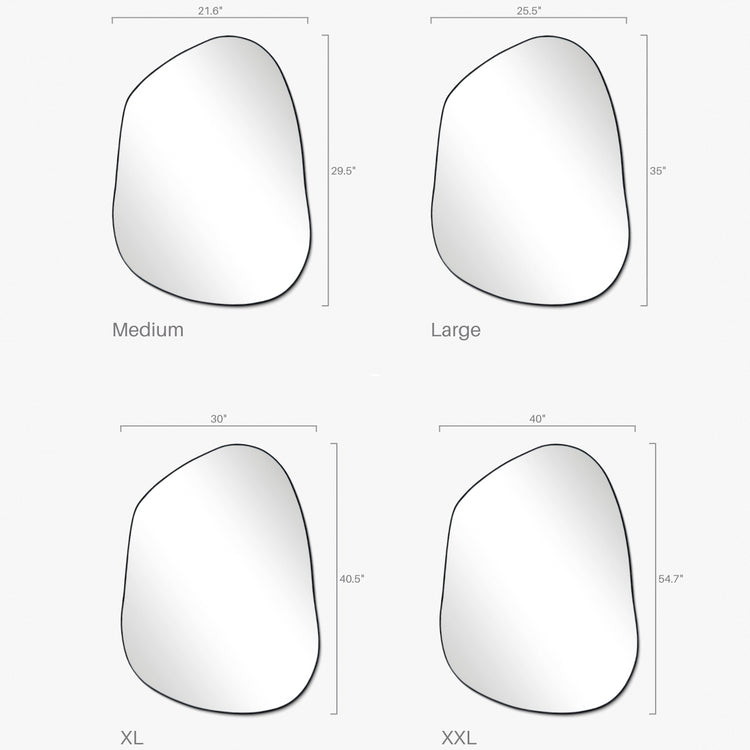 Asymmetrical wall mirror shown in four sizes: Medium, Large, XL, and XXL with labeled width and height dimensions on a white background.