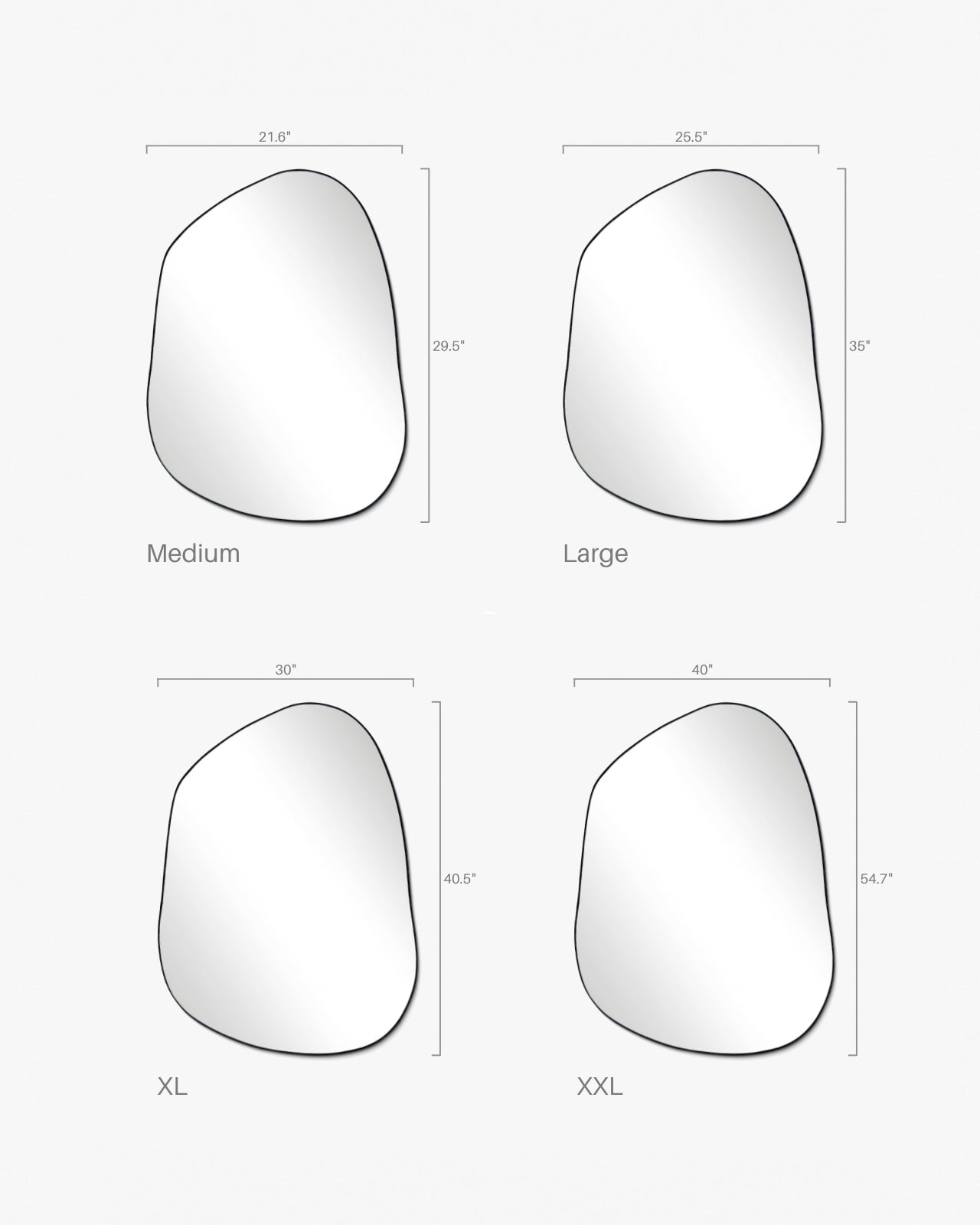 Asymmetrical wall mirror shown in four sizes: Medium, Large, XL, and XXL with labeled width and height dimensions on a white background.