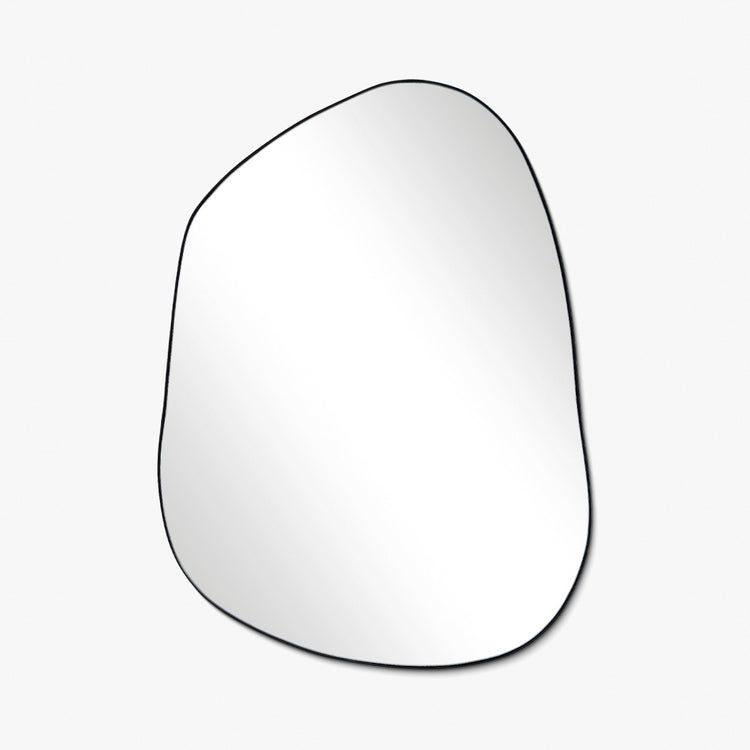 Asymmetrical wall mirror with an organic shape and a thin black frame, displayed against a clean white background.