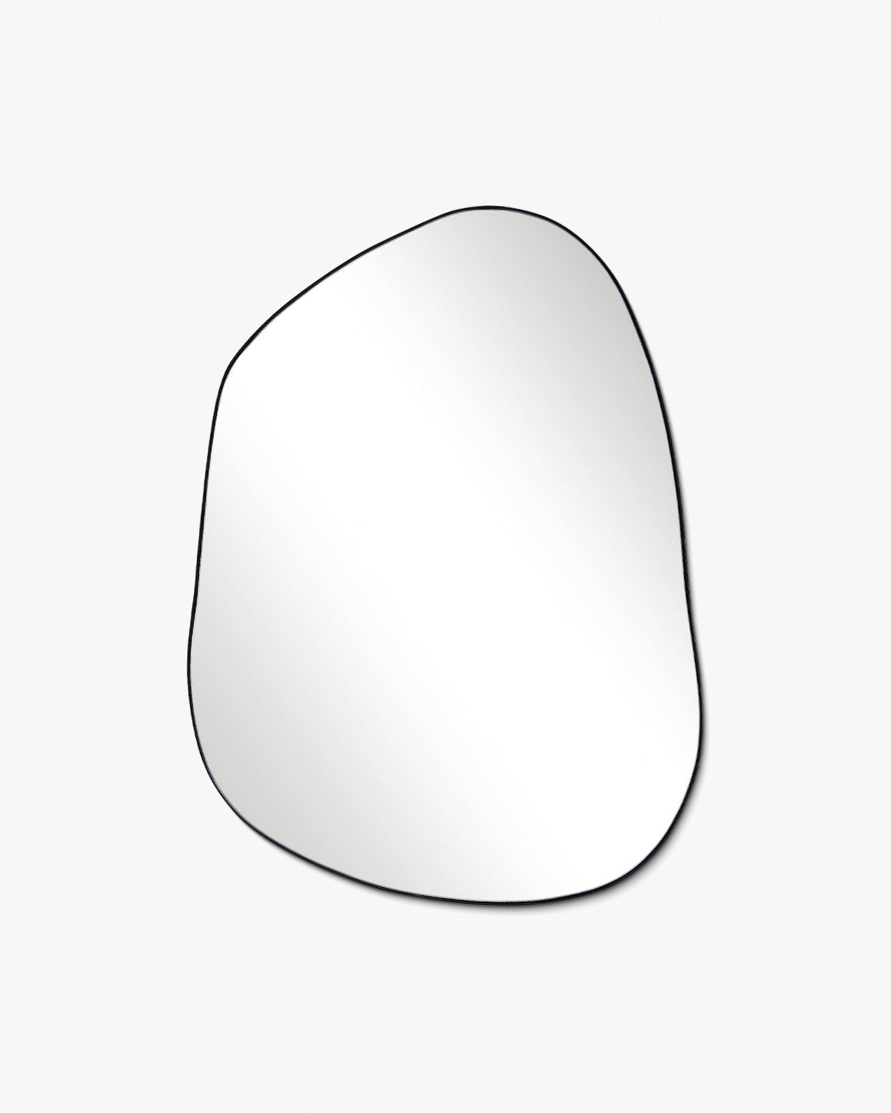 Asymmetrical wall mirror with an organic shape and a thin black frame, displayed against a clean white background.
