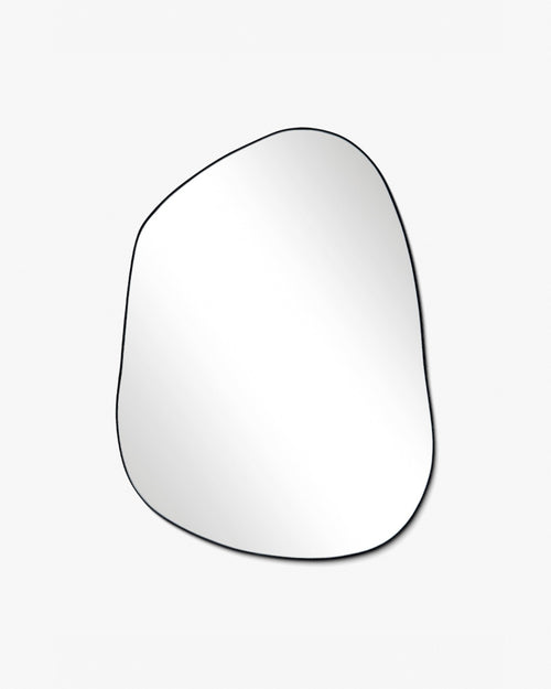 Asymmetrical wall mirror with an organic shape and a thin black frame, displayed against a clean white background.