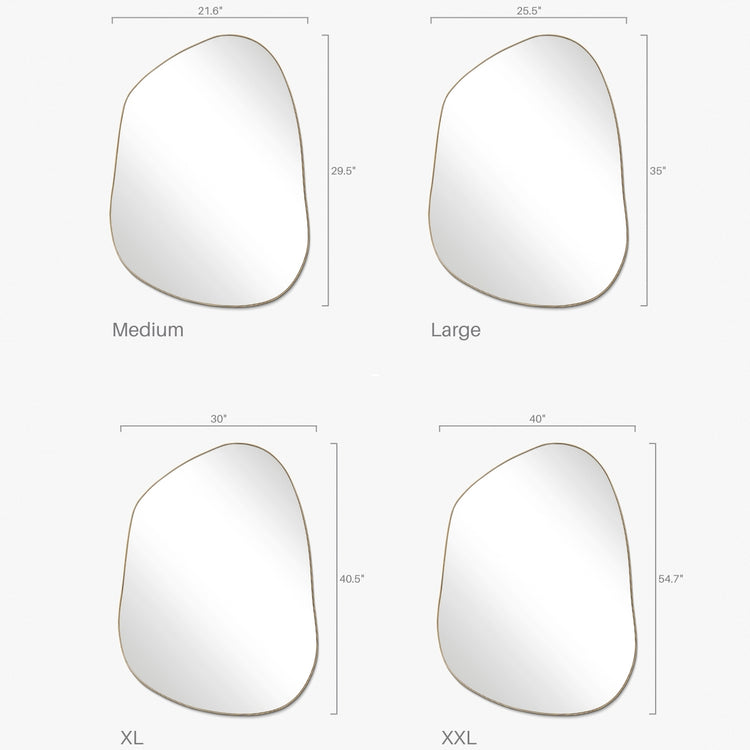 Size comparison chart showing an asymmetrical brass framed mirror in Medium, Large, XL, and XXL with labeled width and height measurements.