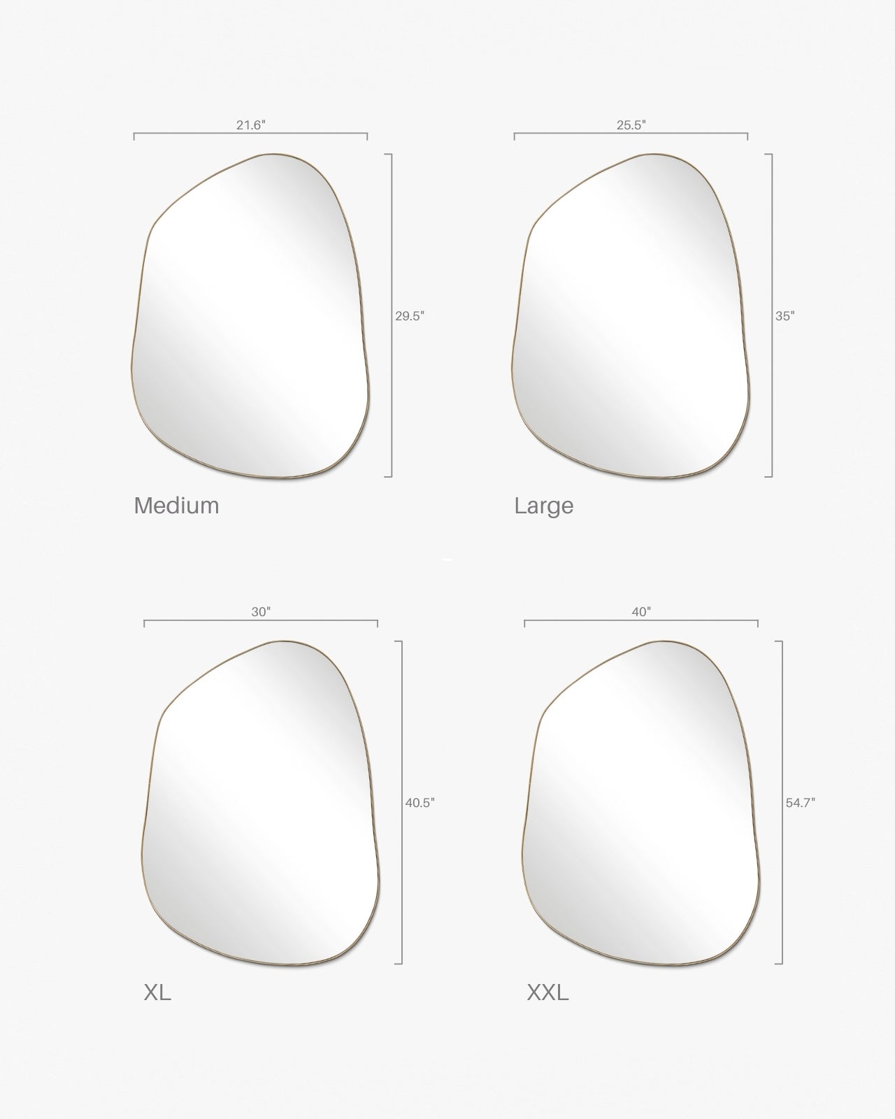 Size comparison chart showing an asymmetrical brass framed mirror in Medium, Large, XL, and XXL with labeled width and height measurements.
