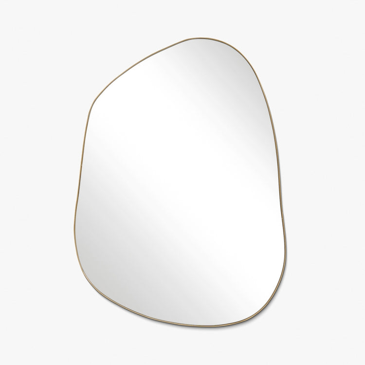 Asymmetrical mirror with an organic shape and a thin brass-colored frame on a white background.