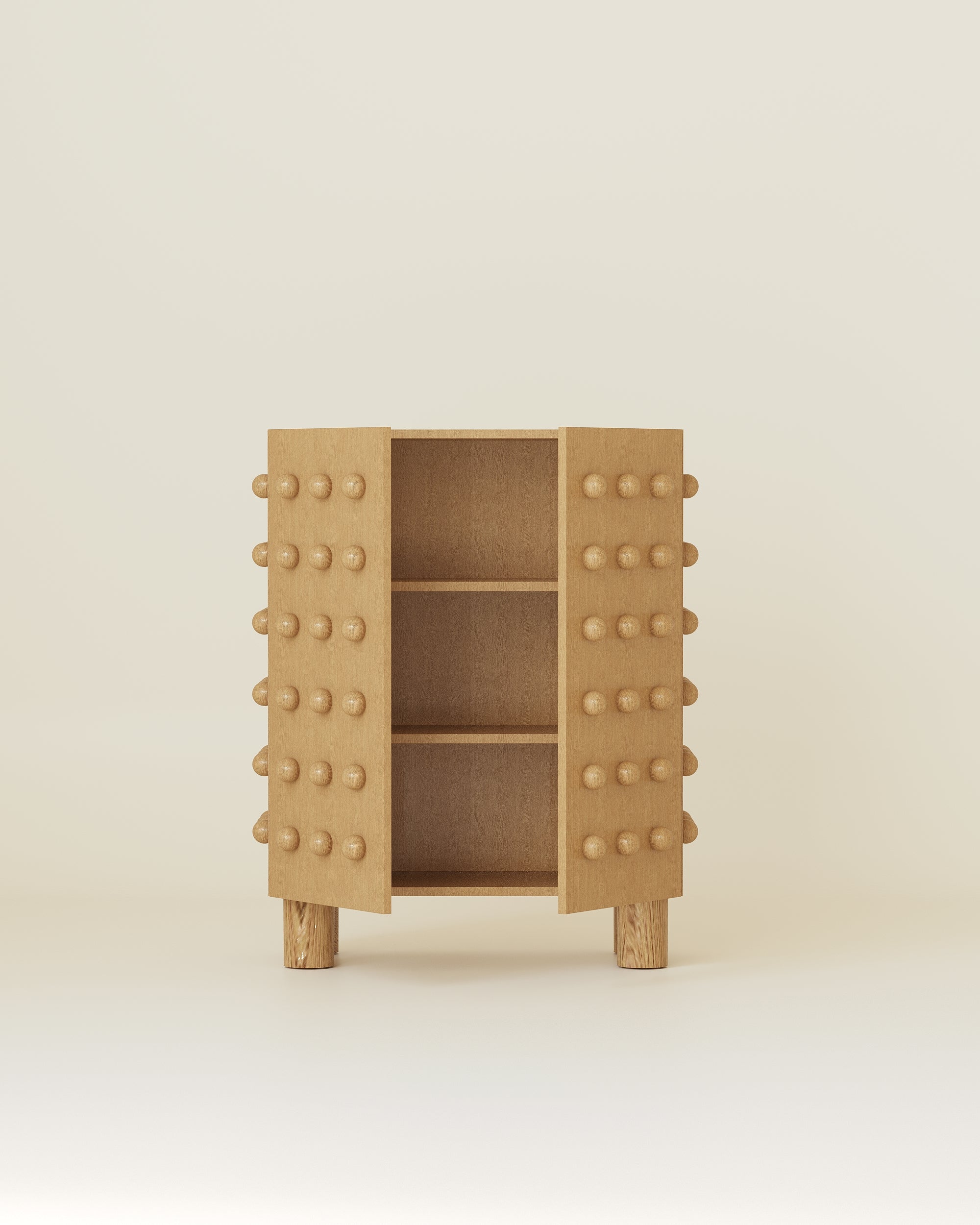 Wooden storage cabinet with a rectangular form, featuring evenly spaced rounded wooden spheres on the doors and sides, shown open to reveal two interior shelves, standing on short cylindrical wooden legs.