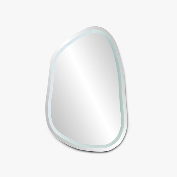 Organic-shaped LED mirror with subtle front-lit edge on a neutral background.