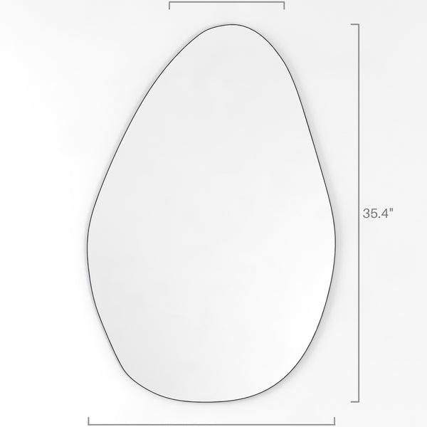 Pebble-shaped frameless wall mirror size diagram showing dimensions of 35.4 inches height, 23.6 inches width, and 11.8 inches top width.