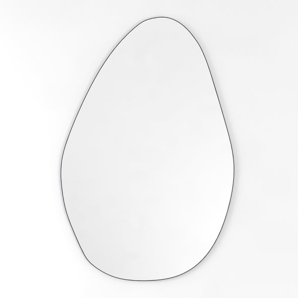 Pebble-shaped frameless wall mirror on a white background.